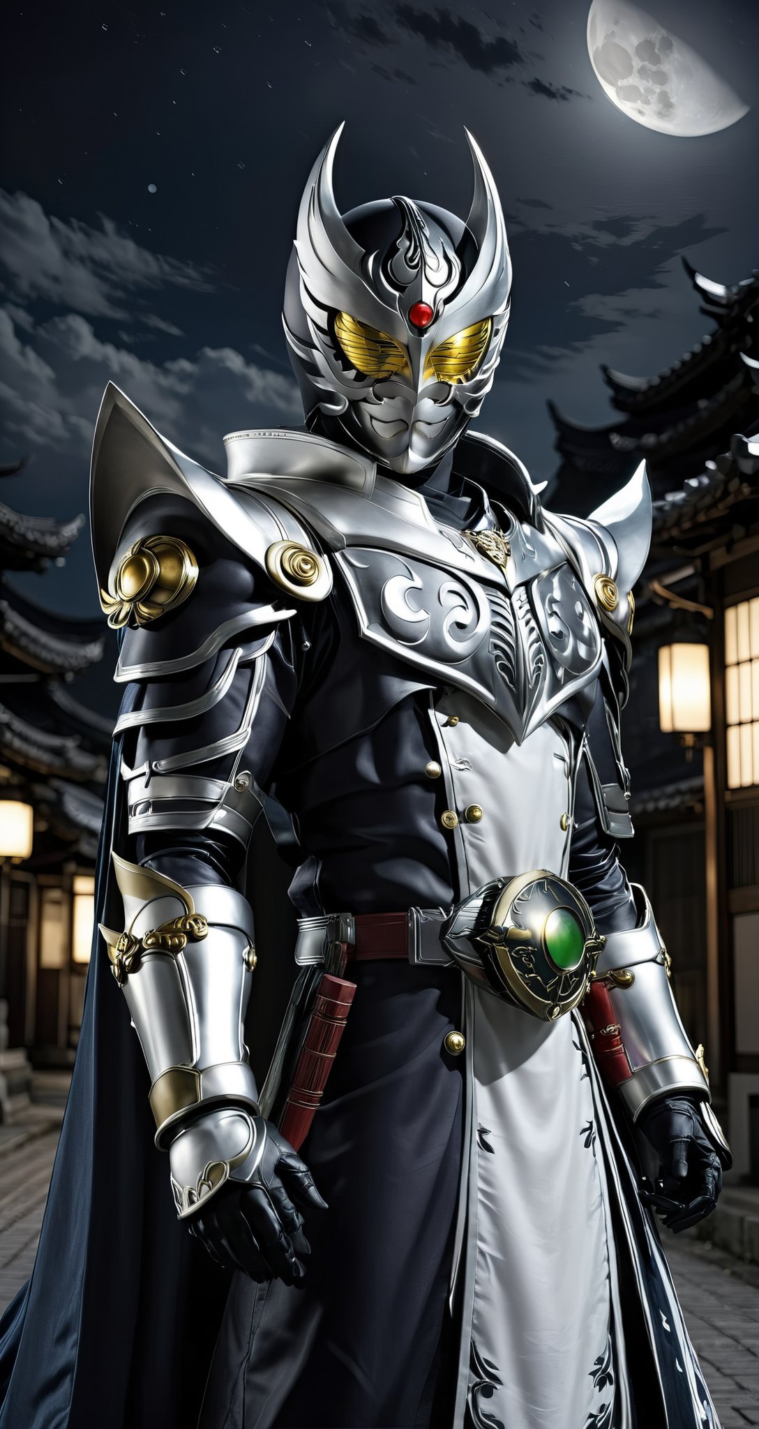 Kamen rider style, the mask guardian under the moonlight, wearing a moonlit war robe and a silver mask, quietly guarding the peace of the city. His figure looms in the night, and every appearance is accompanied by the light of justice, dispelling the darkness and guarding the light.