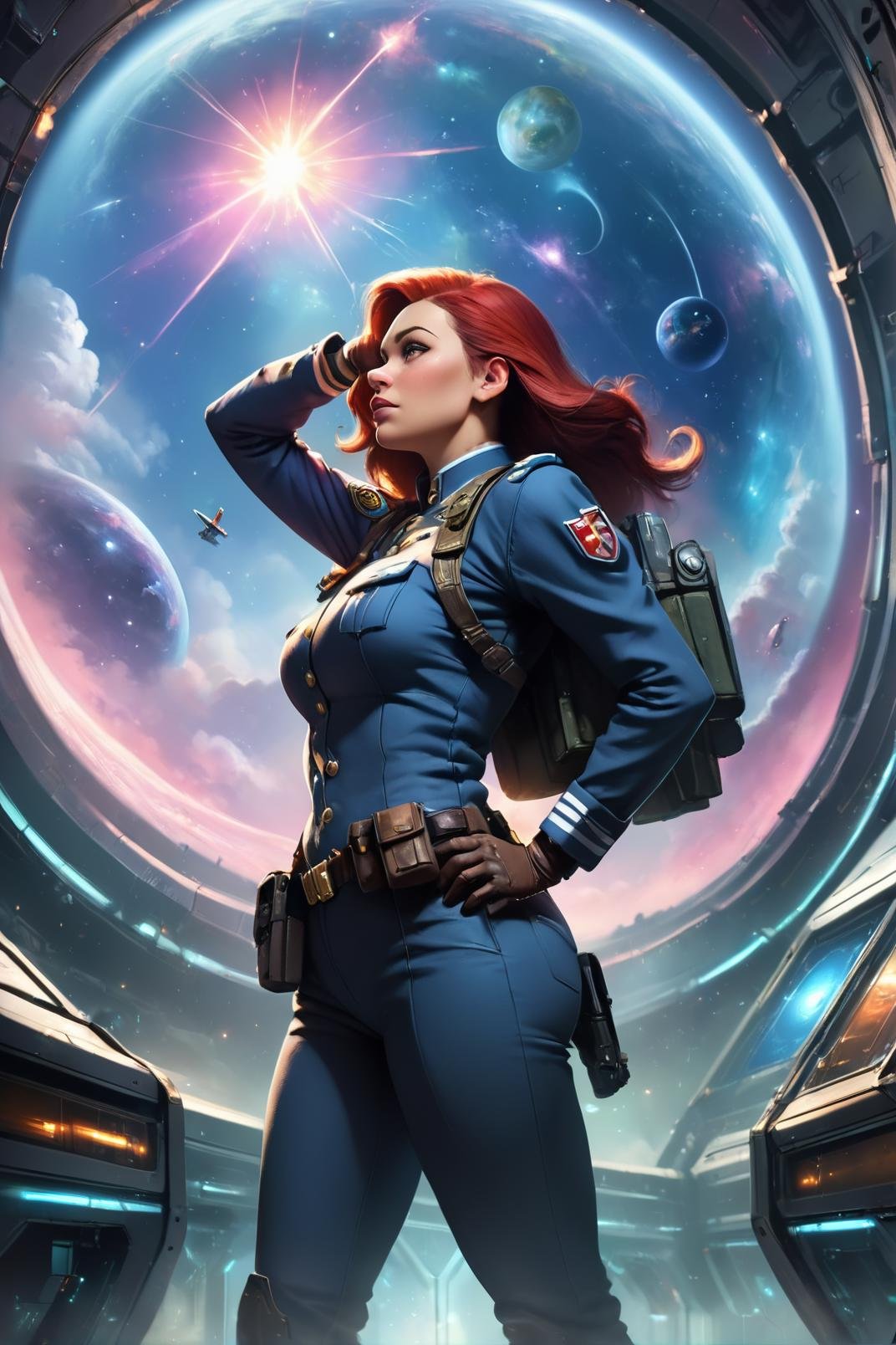 (zPDXL), 1girl, standing on the bridge of a spaceship wearing a uniform, from side from front, looking into space