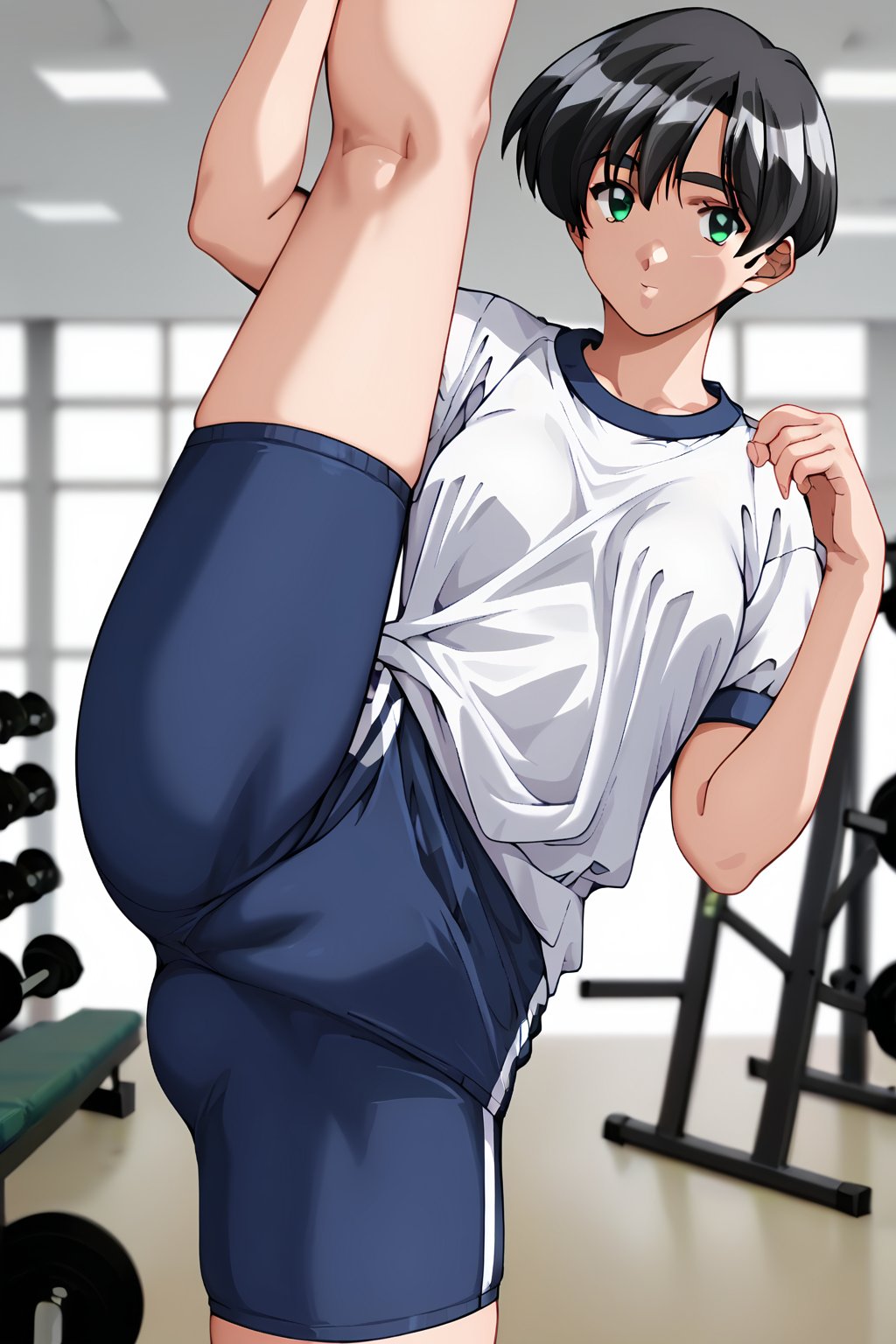 score_9, score_8_up, score_7_up, score_6_up, score_5_up, score_4_up, source_anime,wakabayashi ayu, 1girl, black hair, green eyes, short hair, solo, gym uniform, gym, standing split, looking at viewer,masterpiece, perfect face, best quality, beautiful girl, blurry background, cute girl, beautiful eyes, shiny eyes, anime coloring, anime screencap, absurdres,<lora:wakabayashi ayu auti 822:1>