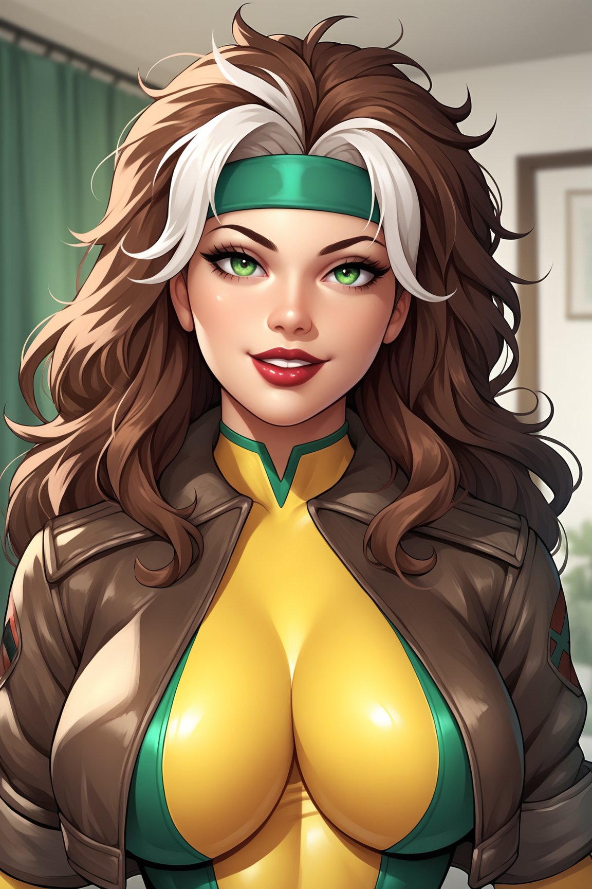 score_9, score_8_up, score_7_up, score_6_up, score_5_up, score_4_up, RogueXMXL, green eyes, lipstick, brown hair, two-tone hair, long hair, messy hair, headband, big breasts, cropped jacket, brown jacket, yellow bodysuit, (portrait shot, upper body), seductive smile, looking at viewer, indoors <lora:RogueXMXL:0.7>