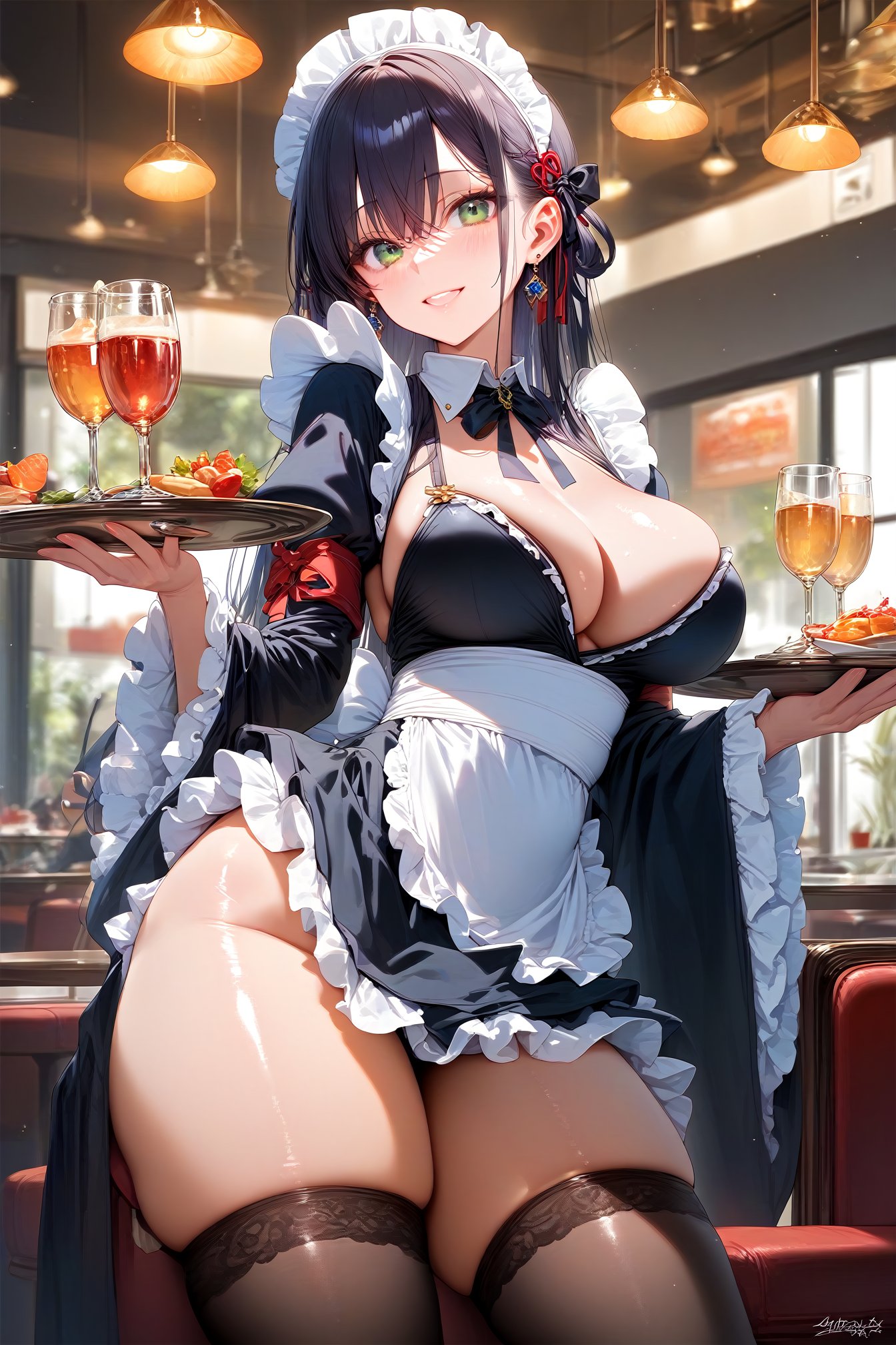 smile1girl, large breasts,2023,maid,   kimono, neck ribbon ,  green eyes,  large breasts,  long black straight hair, long bang, green eyes,  thighhighs,  frills,  thick thighs, wide hip, cafe, holding tray, juice,(score_9,score_8_up,score_7_up,score_6_up), rating_explicit, best quality, masterpiece, 2k,shiny skin reflection,<lora:DetailedEyes_V3:0.8>