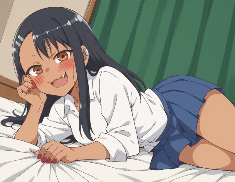 score_9, score_8_up, score_7_up, source_anime,hayasenagatoro, <lora:hayase-nagatoro-s1s2-ponyxl-lora-nochekaiser:1>,hayase nagatoro, long hair, bangs, black hair, hair ornament, brown eyes, hairclip, fang, dark skin, dark-skinned female, tan,skirt, shirt, school uniform, white shirt, pleated skirt, nail polish, blue skirt, red nails, earclip,indoors, bed, bed room, on side, blush, drunk,looking at viewer, cowboy shot, solo, dutch angle,