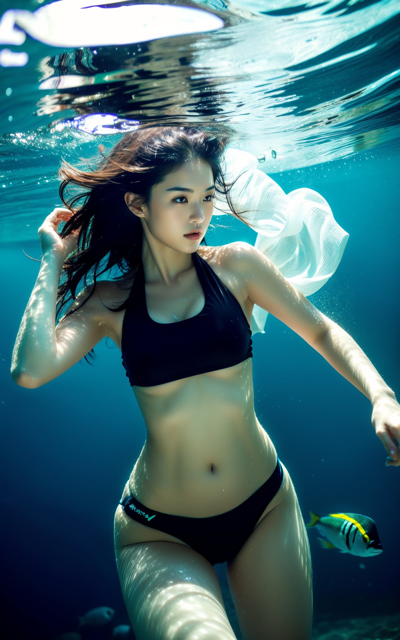 a woman in a bikini swims under water in the ocean with a fish nearby in the background,swimsuit,underwater,bikini,1girl,black bikini,solo,navel,swimming,water,black skin,breasts,