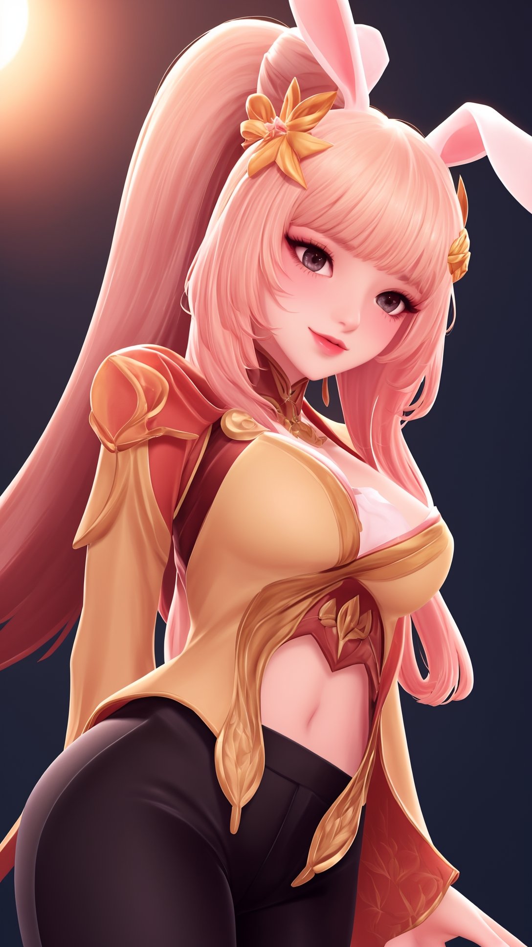 (1girl),smooth chin,masterpiece,detailed face,((hair ornament focus)),top quality,4k,make up,best quality,medium breasts,(looking at viewer),eyes focus,upper body,rabbit ears,pink hair,ponytail,((black pants)),blush,body blush,mature female,navel,light red and light golden mixed sleeves,night sky,arms behind back,long legs,red skirt,hole on pants,walking,<lora:王者 公孙离 原皮_v1.0-000008:0.8>,