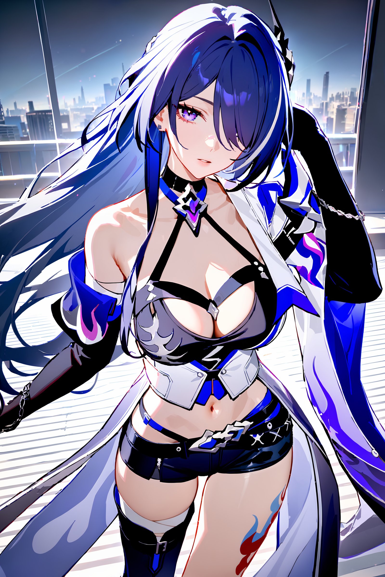 masterpiece, best quality, perfect features, intricate details, ray tracing, newest,(hitenkei, askzy:0.4), 1girl, acheron \(honkai: star rail\), solo, long hair, short shorts, leg tattoo, single thigh boot, midriff, black gloves, hair ornament, choker, long coat, single sleeve, single gauntlet, uneven legwear, depth of field, cowboy shot, standing, hand in own hair, looking at viewer, parted lips, floating hair, outdoors, cityscape, rooftop <lora:Char-HonkaiSR-Acheron-XL-V2:0.9>