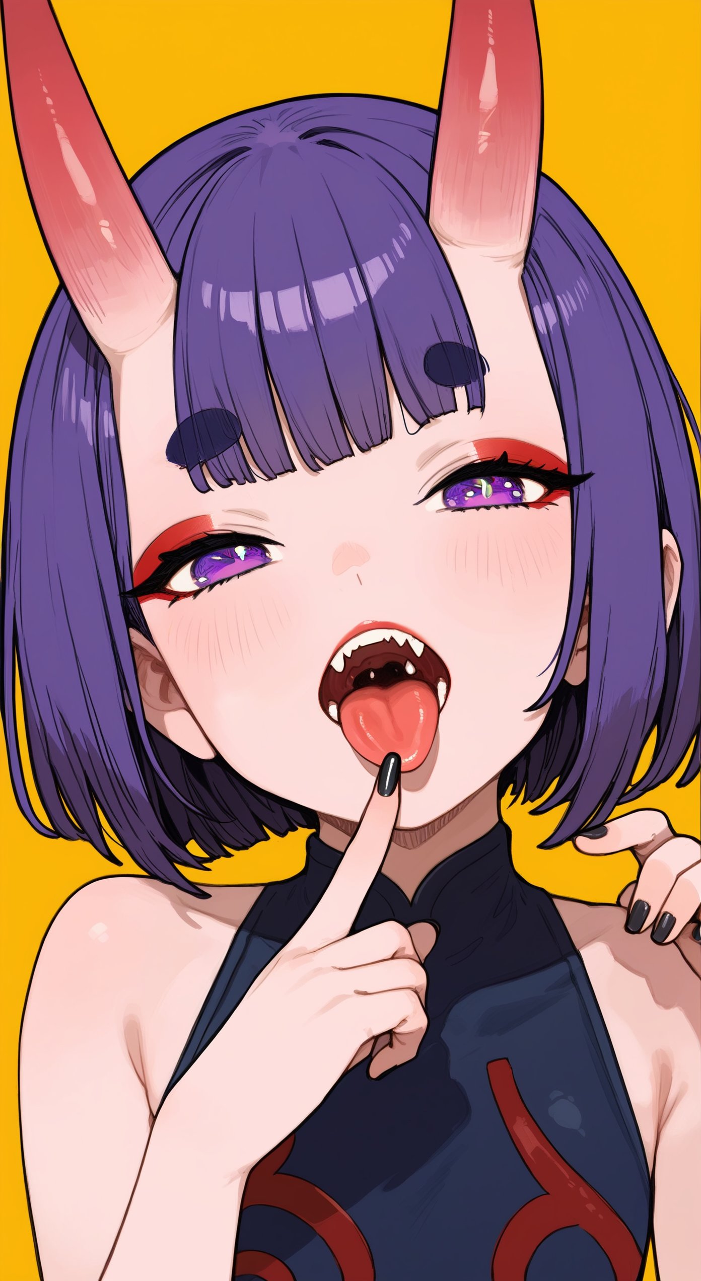 score_9,score_8_up,score_7_up,score_6_up,1girl,solo,tongue,shuten douji \(fate\),purple eyes,tongue out,bangs,looking at viewer,makeup,black nails,short hair,purple hair,fang,portrait,nail polish,bob cut,eyeliner,close-up,oni horns,yellow background,eyeshadow,eyelashes,short eyebrows,fingernails,blunt bangs,open mouth,finger to mouth,thick eyebrows,<lora:tpony-style-v2:0.8>,