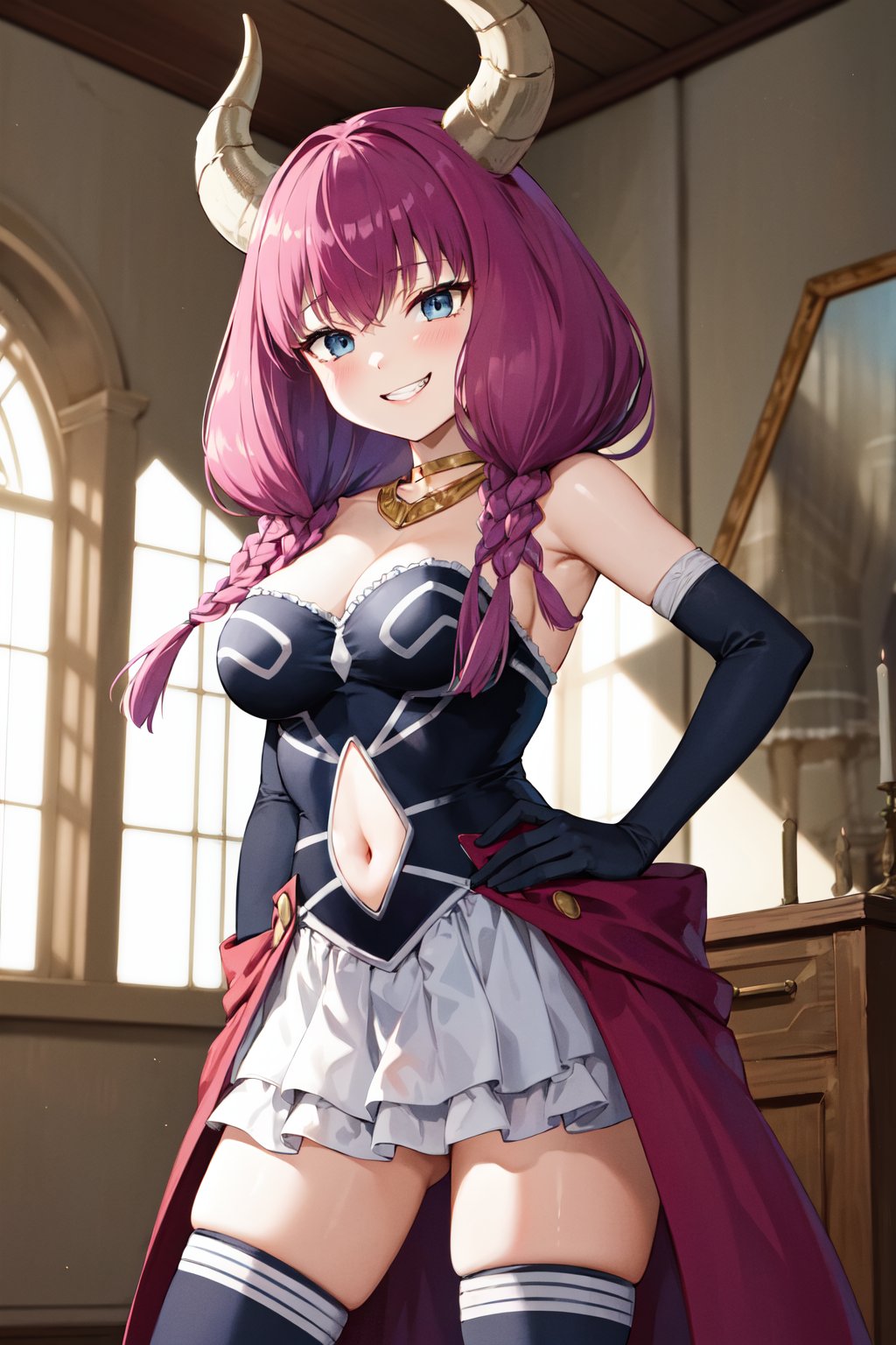 masterpiece, best quality, highres, aaaura, braid, twin braids, horns, blue eyes, choker, necklace, strapless dress, elbow gloves, black gloves, navel cutout, white skirt, black thighhighs, <lora:aura_(sousou_no_frieren)_v1:0.8>, grin, hand on hip, indoors