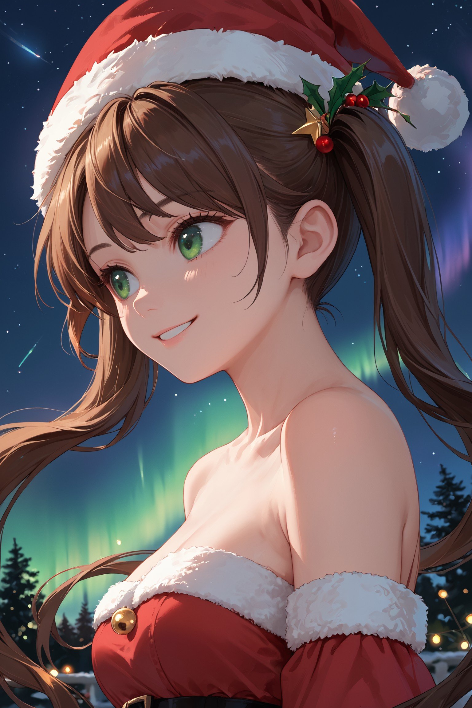 score_9, score_8_up, score_7_up, source_anime, night sky, shooting star, northern lights, aurora,  stars, close up, face, looking away, smile,BREAK, 1girl, green eyes, close up, brown hair, santa hat, twintails, long twintails, red dress, exposed shoulders, breasts,