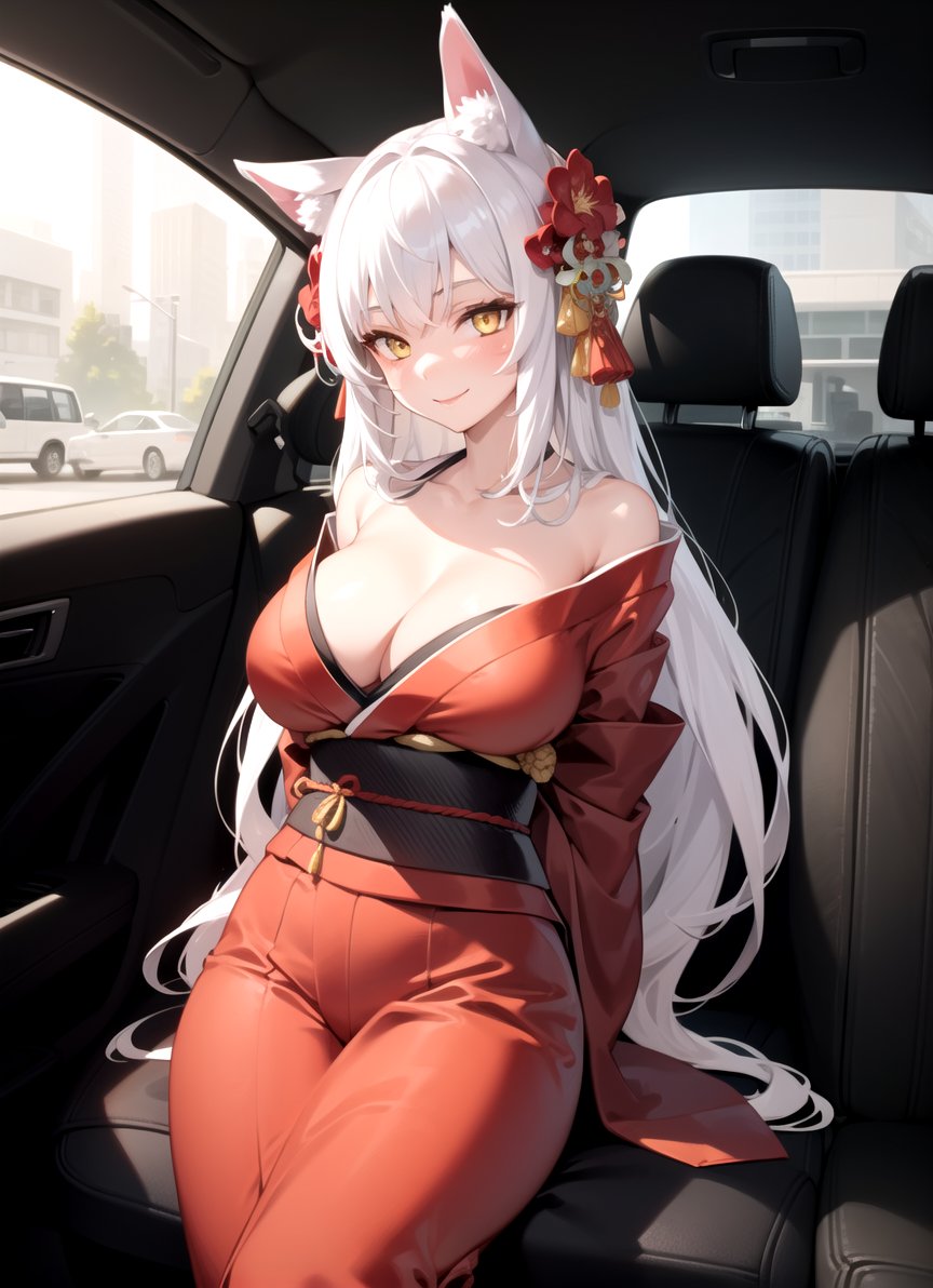 1girl, yellow eyes, long hair, white hair, sitting, red kimono, large breasts, light smile, arms behind back, hair ornament, animal ears, car,