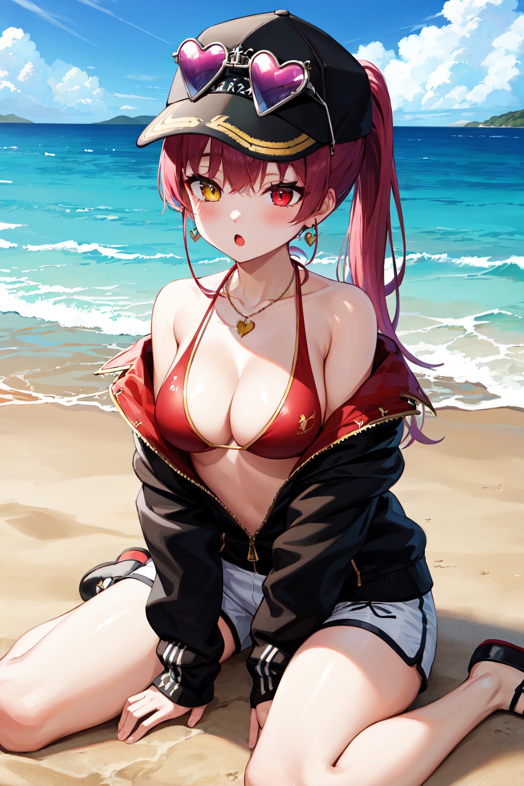 masterpiece, best quality, highres, eemarine, high ponytail, black headwear, sunglasses, heterochromia, earrings, necklace, bare shoulders, red bikini, bikini under clothes, black jacket, long sleeves, partially unzipped, short shorts, white shorts, <lora:houshou_marine_v1:0.7>, wariza, :o, beach, sitting