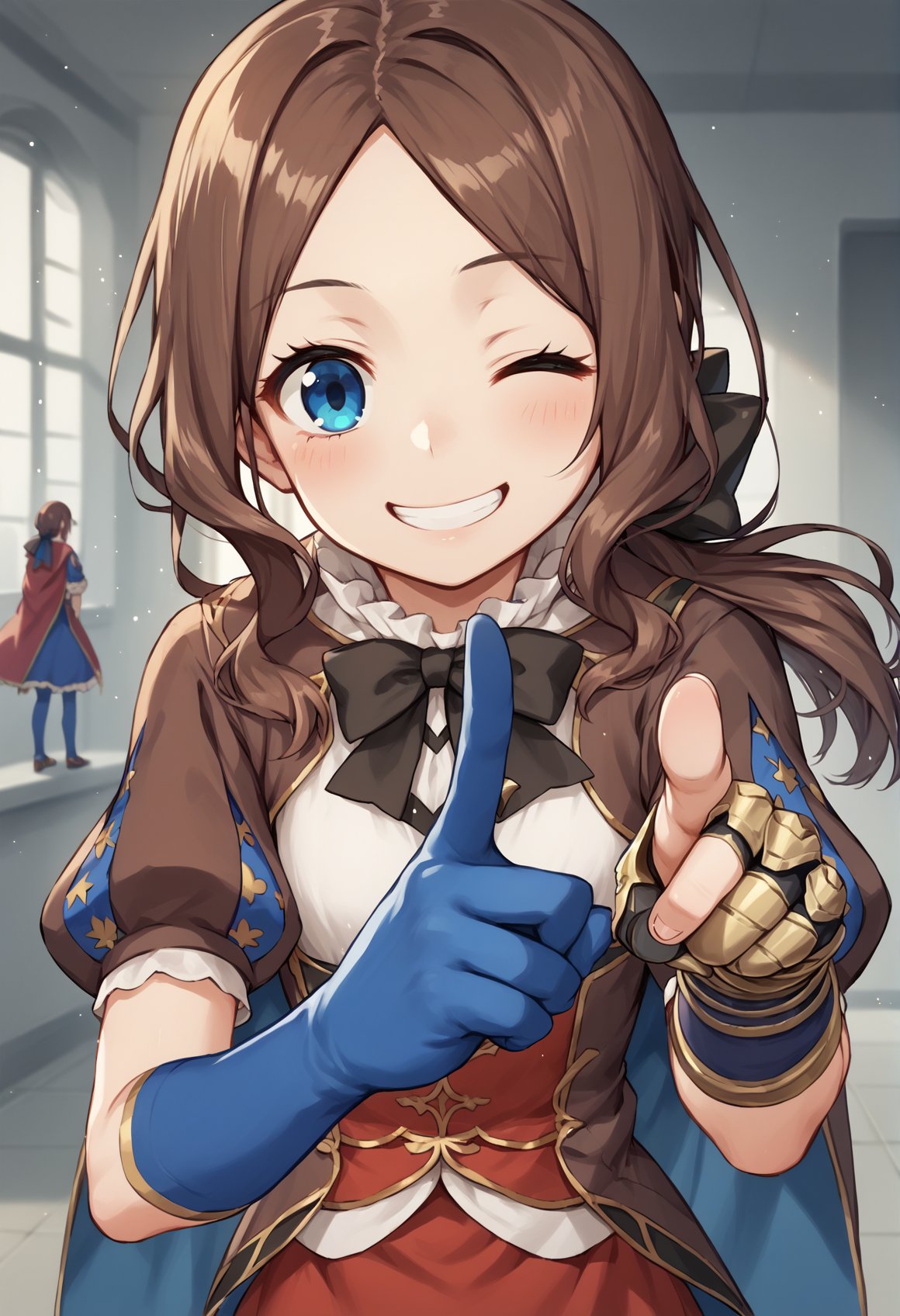 1girl, blue eyes, long hair, brown hair, sidelocks, low ponytail, ribbon, dress, white shirt, puffy sleeves, short sleeves, red skirt, cape, blue pantyhose, elbow gloves, single gauntlet, shoe, estanding, looking at viewer, pointing at viewer, smile, indoors, laboratory, wink, upper body <lora:Vinci_XL:1>, score_9, score_8_up, score_7_up, score_6_up, score_5_up, score_4_up, BREAK source_anime, masterpiece