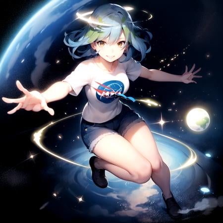 2d, masterpiece, best quality, anime, highly detailed face, highly detailed eyes, highly detailed background, perfect lighting, full body, 1girl, solo, earth-chan, brown eyes, t-shirt, medium breasts, space, earth \(planet\), smile  <lora:earth-chan-10:1>