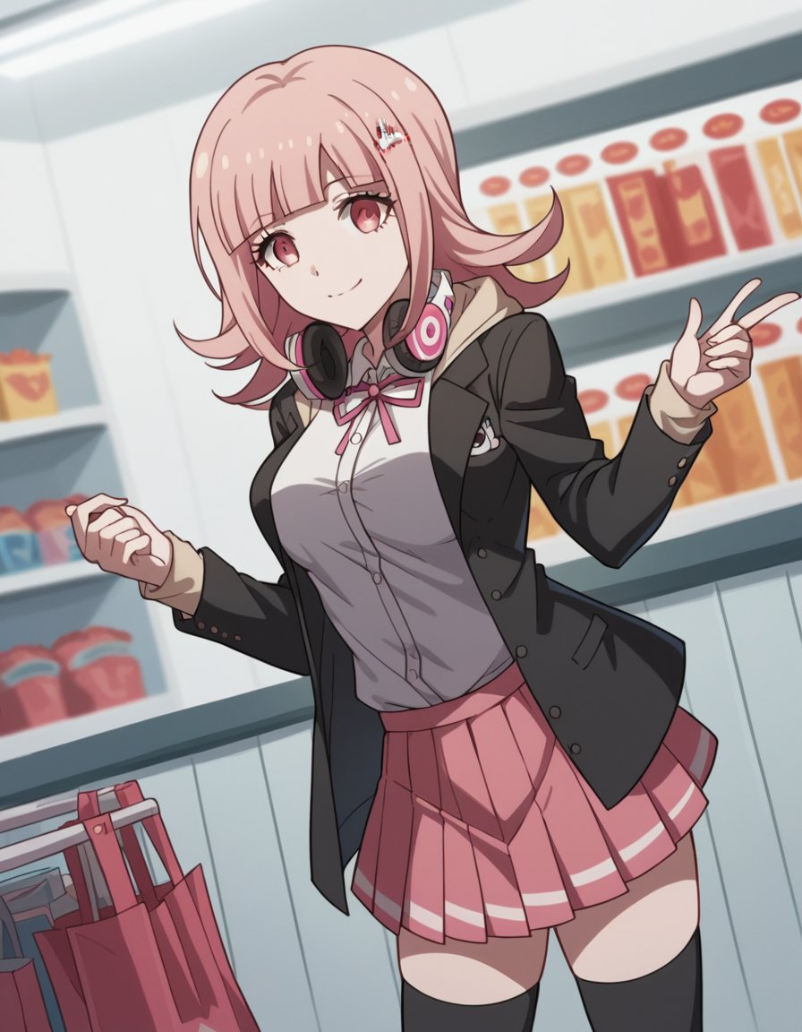 score_9, score_8_up, score_7_up, source_anime, <lora:chiaki-nanami-s2-ponyxl-lora-nochekaiser:1>, chiaki nanami, blunt bangs, pink hair, hair ornament, medium hair, pink eyes, large breasts,, black shirt, black jacket, jacket, long sleeves, neck ribbon, open clothes, open jacket, over-kneehighs, pink ribbon, pleated skirt, ribbon, shirt, skirt, thighhighs, two-tone shirt, white shirt,, music store, browsing records, headphones, vinyl collection, nostalgic, smile, , hand with fingers spread out, solo,, cowboy shot, dutch angle