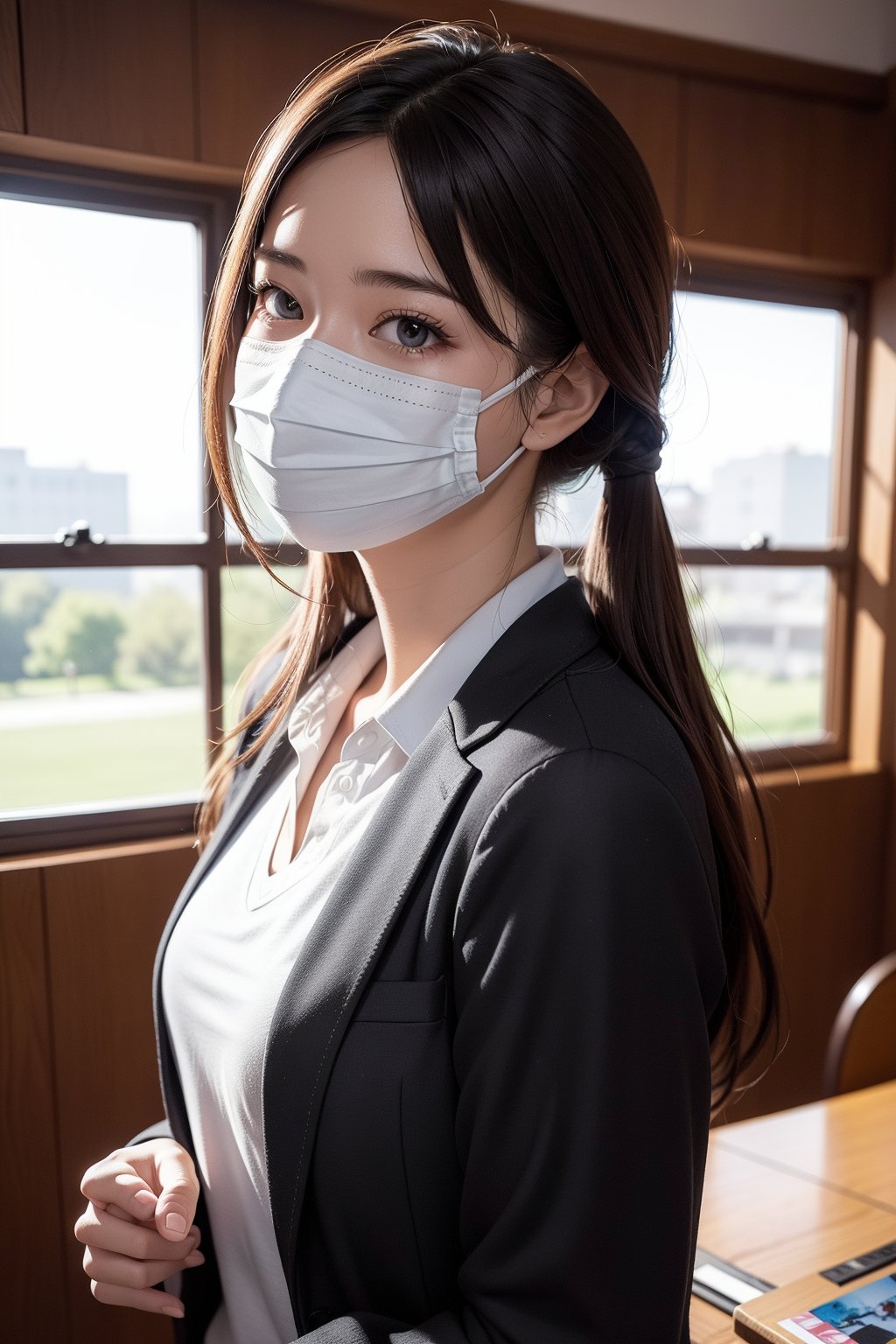 (photo realistic:1.6), ultra detailed, young woman, uplight, school wear, mask