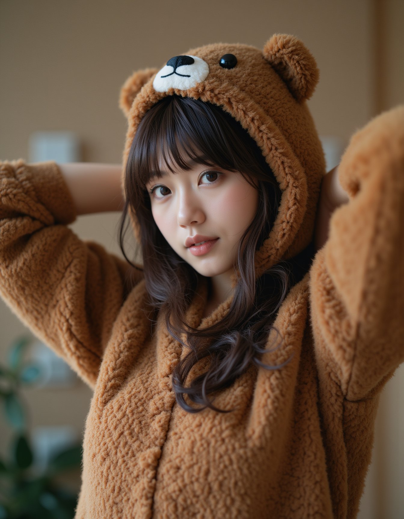 best quality, masterpiece, realism, realistic, long sweater fur-suit with bear costume, hands behind the head, cheats cutout, analogue photo of adult girl in costume, looking at viewer, long hair, extremely beautiful detailed face, medium breasts, (cute face, temptations look), eye level, professional photo, high contrast exposure, soft bokeh, high key light, hard shadow, soft bokeh, playful theme,