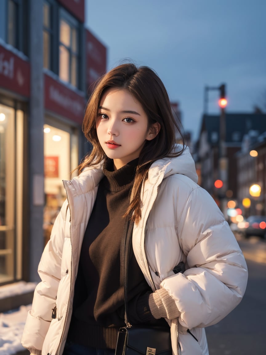 masterpiece, realistic, best quality, beauty girl in city, hloding bag, looking at viewer, winter clothes, cute, solo, brown hair, brown eyes, depth of field, night, realistic, porses,skin detail, acne, detail eyes, (masterpiece,best quality:1.5)