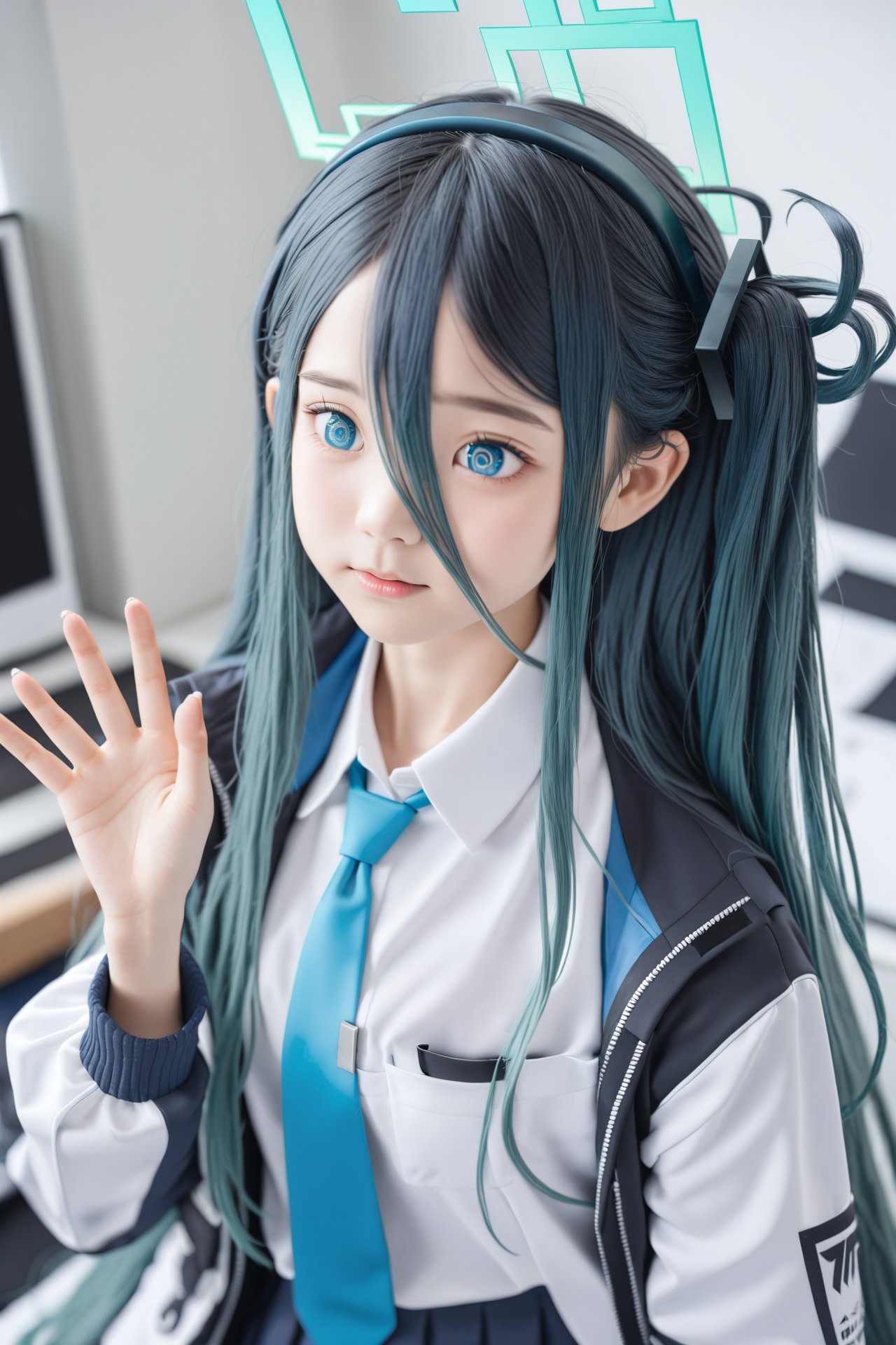 masterpiece, best quality, realistic,loli,1girl, aris (blue archive), blue eyes, solo, long hair, necktie, jacket, hair between eyes, shirt, blue necktie, black hair, white shirt, collared shirt, halo, upper body, long sleeves, open clothes, blurry, very long hair, long bangs, open jacket, one side up, blue hair, dark blue hair, blurry background, ringed eyes, hairband, indoors, school uniform, hand up, closed mouth, monitor