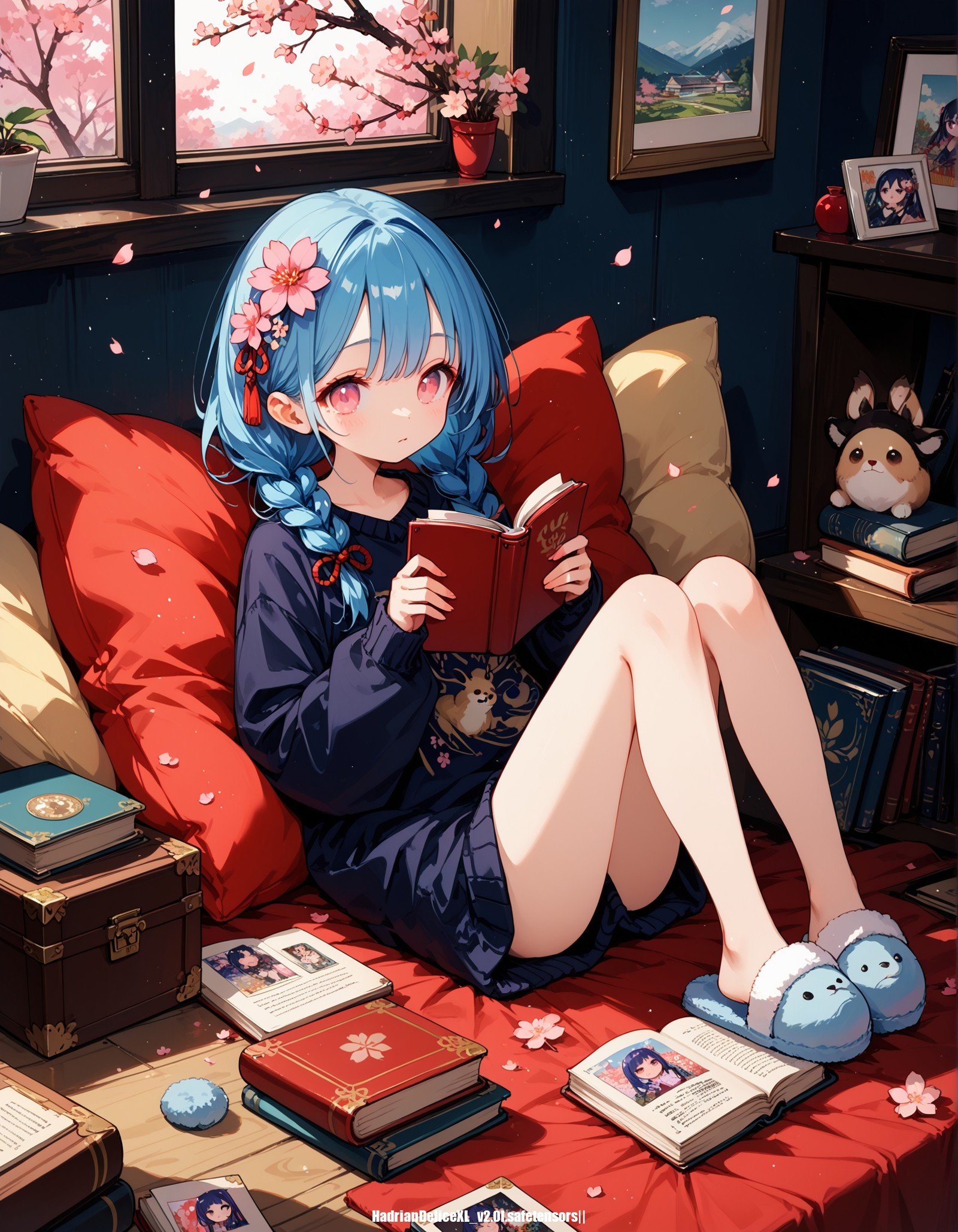 score_9, score_8_up, score_7_up, score_6_up, score_5_up,, ,, 1girl,solo,sitting,photo_\(object\),windows,book,box,pillow,twin braids,blue hair,pink eyes,hair flower,shirt,sweater,fur slippers,falling petals,tippet, cherry blossoms,