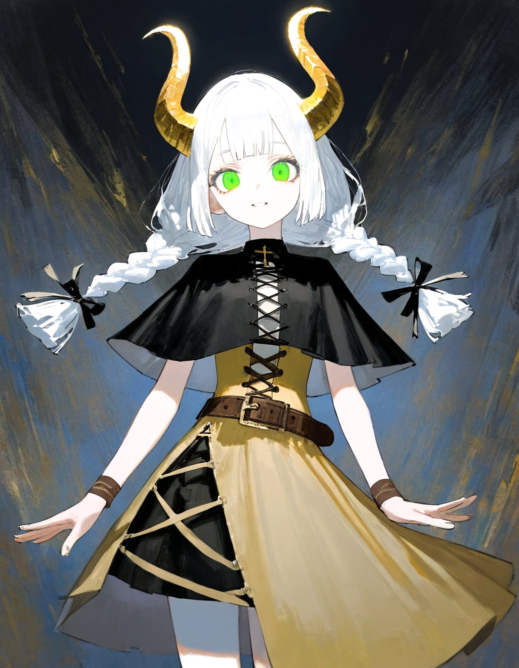 by (quasarcake:1.2), (by jun_\(navigavi\):0.8), (by reoen:1.1), by rsef, by neg_\(101neg\), 1girl, solo, looking at viewer, green eyes, hollow eyes, gold horns, medium hair, white hair, twin front braids, brown wristband, tight shirt, black shirt, capelet, beige dress, brown belt, sleeveless, layered clothing, cross-laced slit, cross-laced sandals