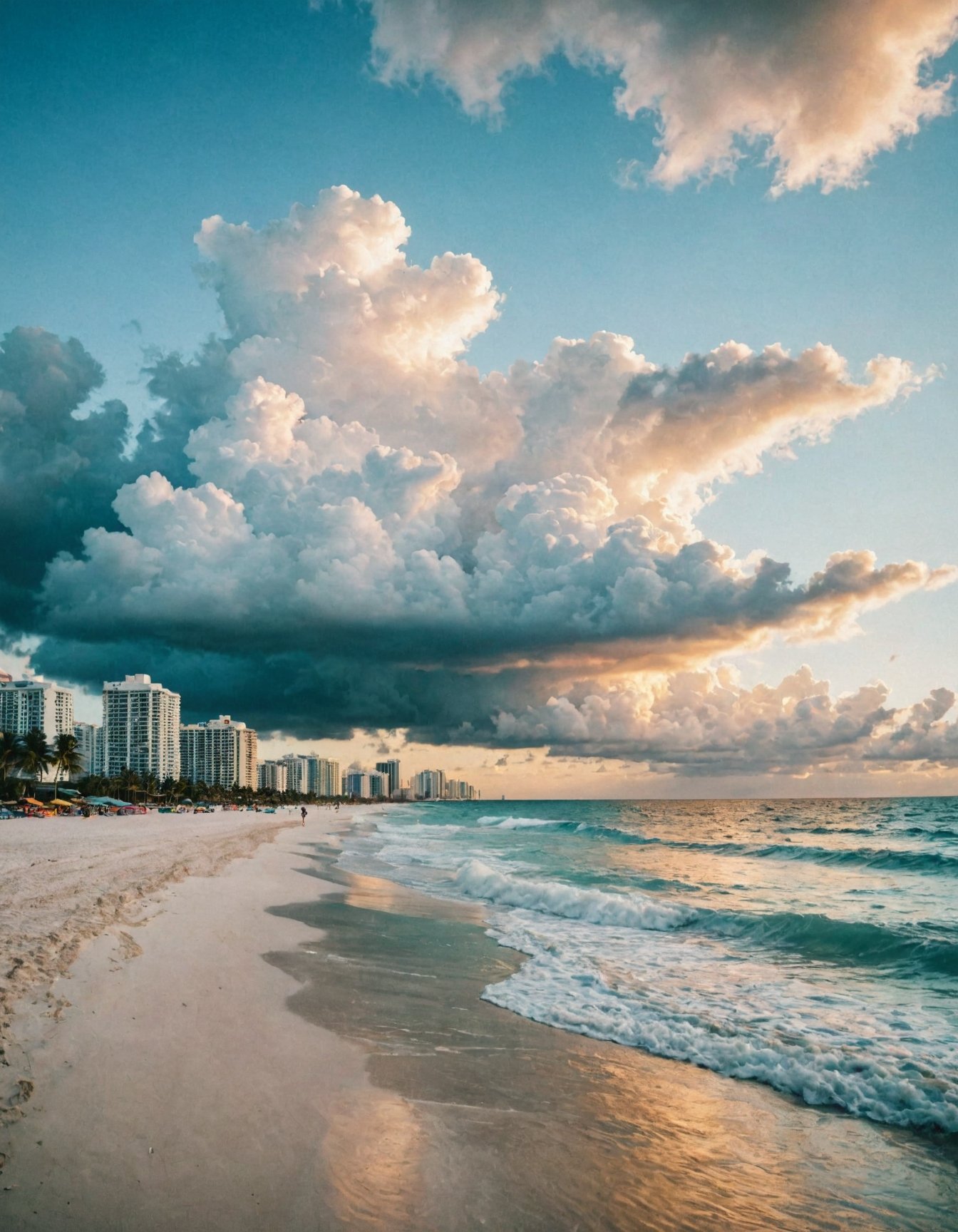 analog photo of Miami beach, evening, clouds, epic, award winning