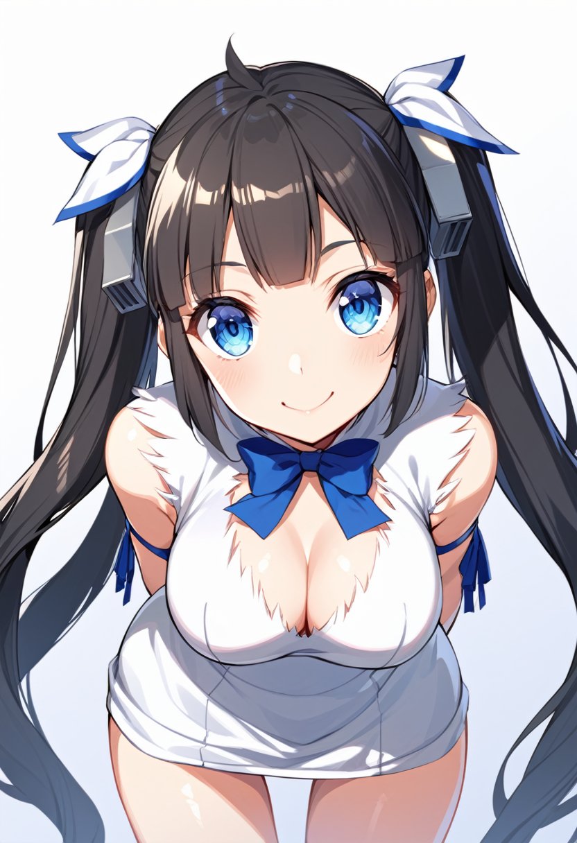 solo, 1girl, hestia, smile, looking at viewer, leaning forward, arms behind back, twintails, hair ribbon, white dress, cleavage cutout, rei no himo, white gloves, cleavage <lora:danmachi_hestia_xl-000004:1>