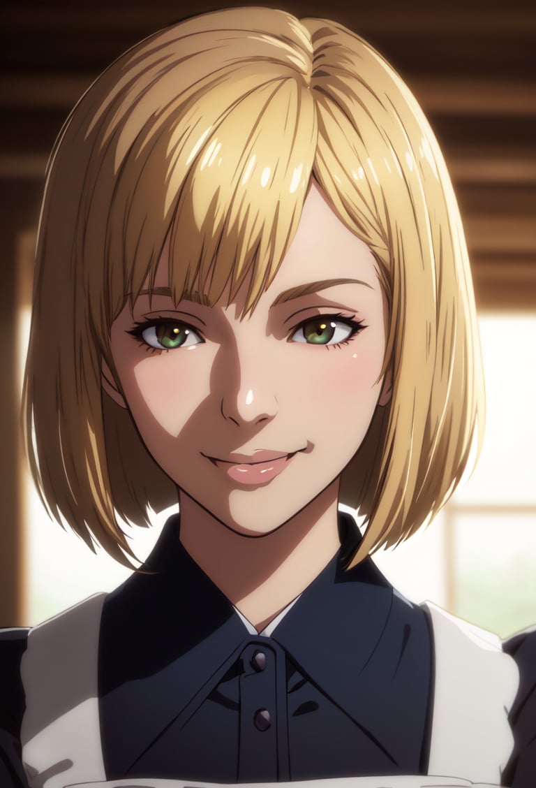 masterpiece,best quality, portrait of female wearing japanese maid outfit,photorealistic,greg rutkowski,wlop,alphonse muncha,close up face,camera,facing at camera, medium bob hair,smile,makoto shinkai color tones,russian girl,blonde