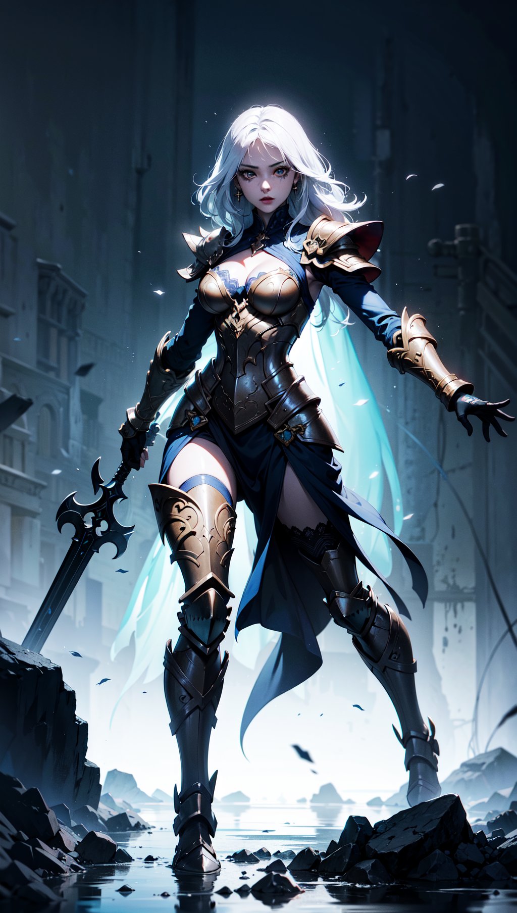 Full body shot,(photorealistic, realistic),masterpiece,absurdres,highres,high quality,ultra detailed,beautiful and aesthetic,horror (theme),1 woman,dynamic pose,shiny skin,lovely face,(holding weapon),enchanted armor,ancient,intricate details,expressive drips,(energetic movement),(sense of depth),glowing aura,in the depths of a gloomy dungeon,illuminated by divine light,(perfect lighting),(mysterious scenery),magical lighting,skull,blood,blood splatter,