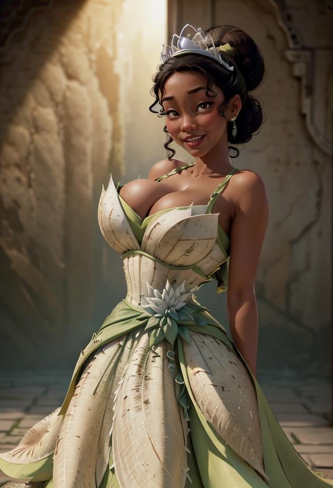 1girl, solo, (half body shot:1.3), <lora:Tiana_character:0.7> TianaWaifu, green dress, tiara, very dark skin, hair bun, ((happy)), (<lora:breastsizeslideroffset:0.2>, <lora:FakebreastsV4Del-000003:0.2> fakebreasts), intricate, absurdres, highest quality, extremely detailed, detailed eyes:1.3, masterpiece, 8k UHD, 4k HDR, RAW photograph, (((film_grain_texture:1.3))), extremely detailed background, ((at underworld))