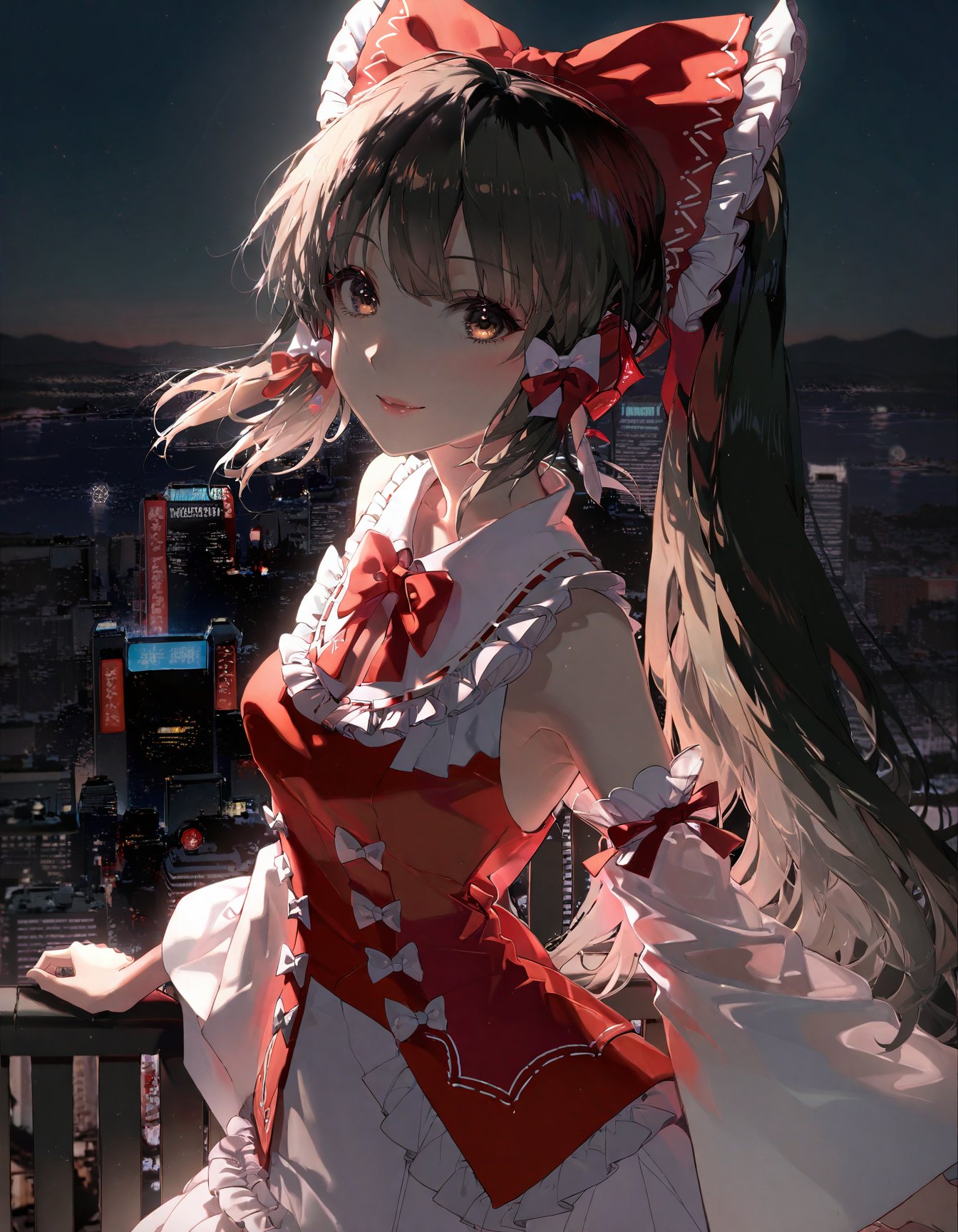 detailed, aesthetic, beautiful, beautiful color, amazing quality, best quality, 1girl, hakurei reimu, solo, hair bow, red bow, bare shoulders, bangs, brown eyes, hair tubes, frilled bow, medium hair, frilled ascot, red ascot, <lora:Rella:1>, railing, night, cityscape, dark, upper body, looking at viewer, smile