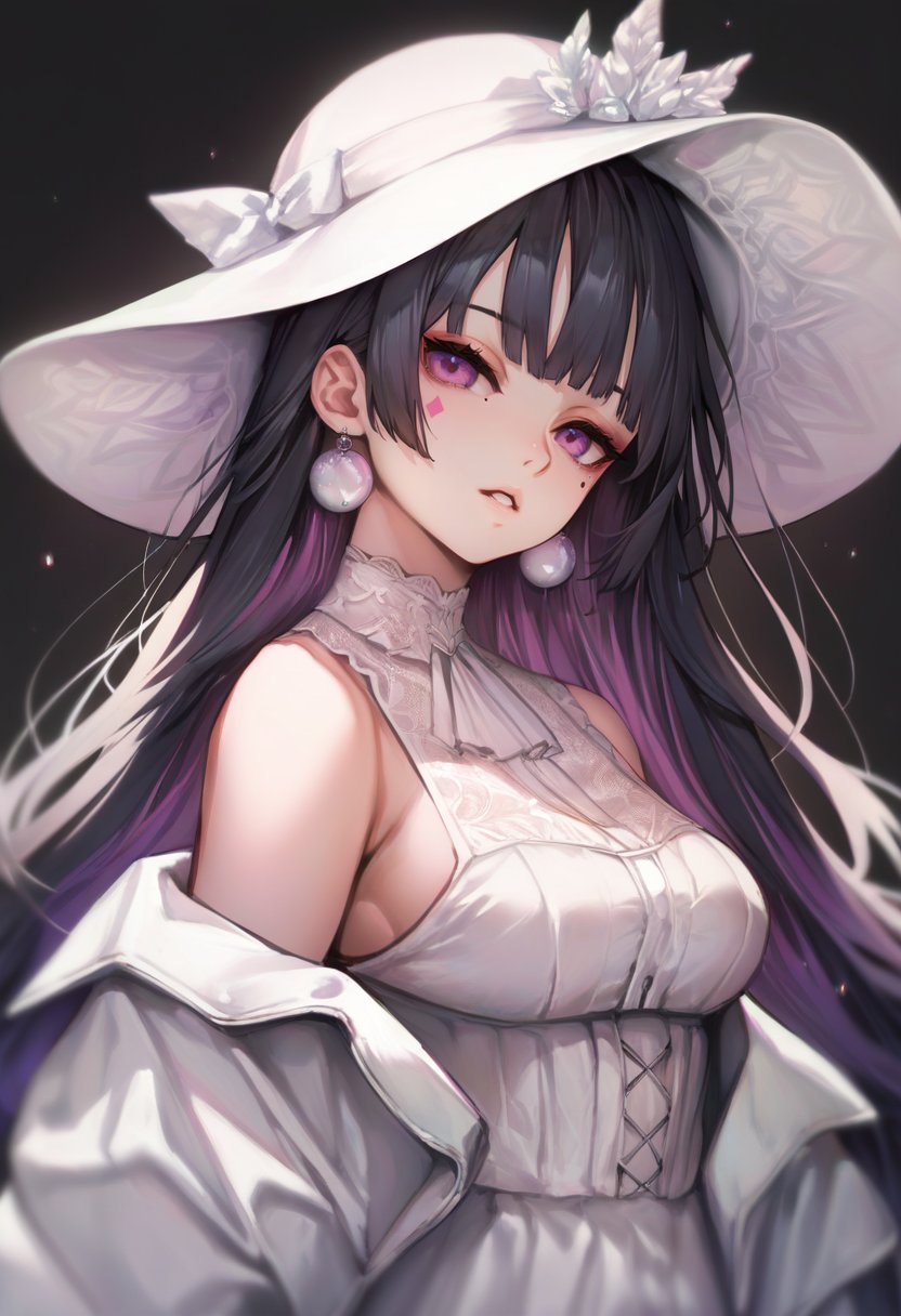 score_9, score_8_up, score_7_up, score_6_up,  <lora:michikingV2XL_P6_lokr_V2234:0.95> 1girl, black hair, solo, hat, jewelry, earrings, purple eyes, mole under eye, long hair, looking at viewer, mole, parted lips, white headwear, black background, virtual youtuber, makeup, bangs, multicolored hair, shirt, facial mark, eyeshadow, simple background