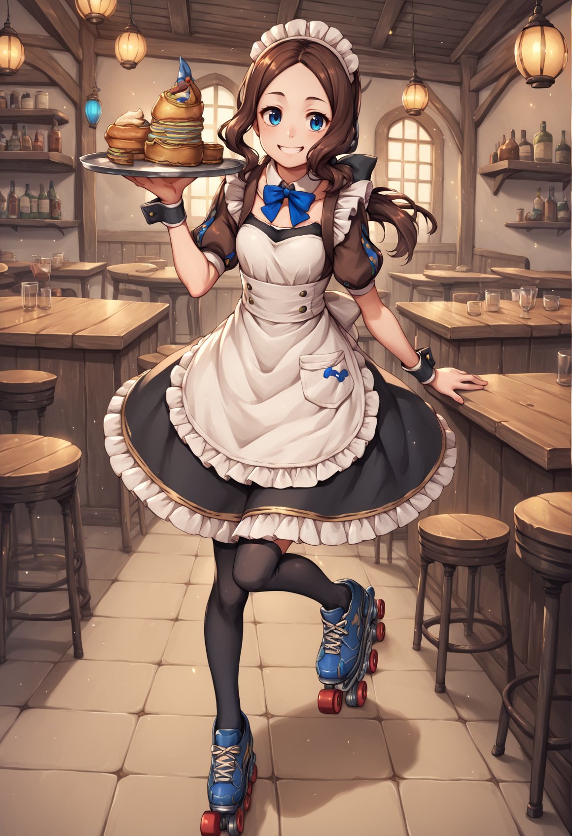 1girl, blue eyes, long hair, brown hair, forehead, sidelocks, low ponytail, ribbon, puffy sleeves, short sleeves, wrist cuffs, maid, apron, maid headdress, black Thighhighs, holding tray, roller skates, smile, indoors, tavern <lora:Vinci_XL:1>, score_9, score_8_up, score_7_up, score_6_up, score_5_up, score_4_up, BREAK source_anime, masterpiece