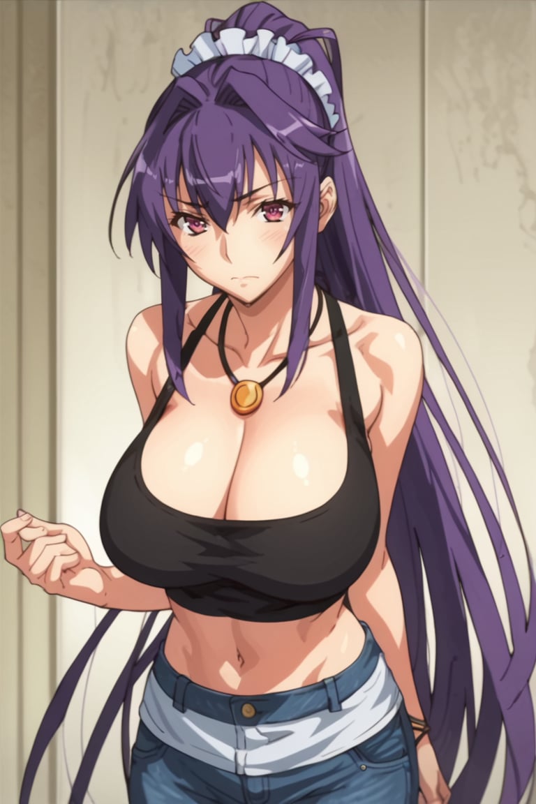 score_9, score_8_up, score_7_up, score_6_up, score_5_up, score_4_up, source_anime, mio hayasaki, 1girl, breasts, long hair, cleavage, large breasts, purple eyes, jewelry, solo, purple hair, ponytail, clothing cutout, necklace, very long hair, midriff<lora:EMS-468954-EMS:1.000000>