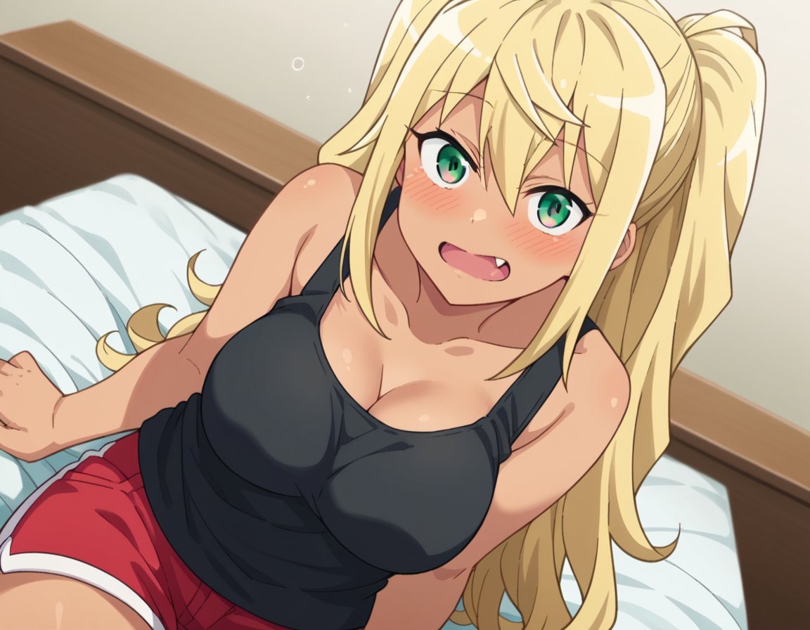 score_9, score_8_up, score_7_up, source_anime,hibikisakura, <lora:hibiki-sakura-s1-ponyxl-lora-nochekaiser:1>hibiki sakura, long hair, blonde hair, hair between eyes, twintails, green eyes, fang, dark skin, dark-skinned female, gyaru, mature female,shirt, cleavage, bare shoulders, collarbone, shorts, black shirt, short shorts, tank top, red shorts, black tank top,indoors, bed, bed room, on side, blush, drunk,looking at viewer, dutch angle, cowboy shot