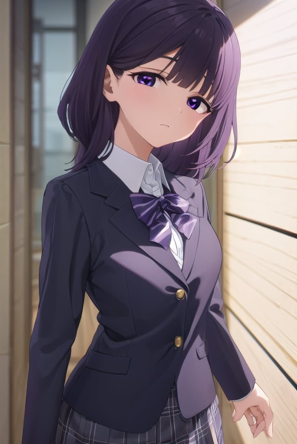 rionashijou, <lora:riona shijou s1-lora-nochekaiser:1>,riona shijou, bangs, purple hair, (purple eyes:1.1), medium hair,BREAK skirt, long sleeves, school uniform, jacket, socks, black skirt, two side up, black jacket, kneehighs, blazer, black socks, bow, bowtie, stripped, stripped bowtie,BREAK indoors, classroom,BREAK looking at viewer, (cowboy shot:1.5),BREAK <lyco:GoodHands-beta2:1>, (masterpiece:1.2), best quality, high resolution, unity 8k wallpaper, (illustration:0.8), (beautiful detailed eyes:1.6), extremely detailed face, perfect lighting, extremely detailed CG, (perfect hands, perfect anatomy),