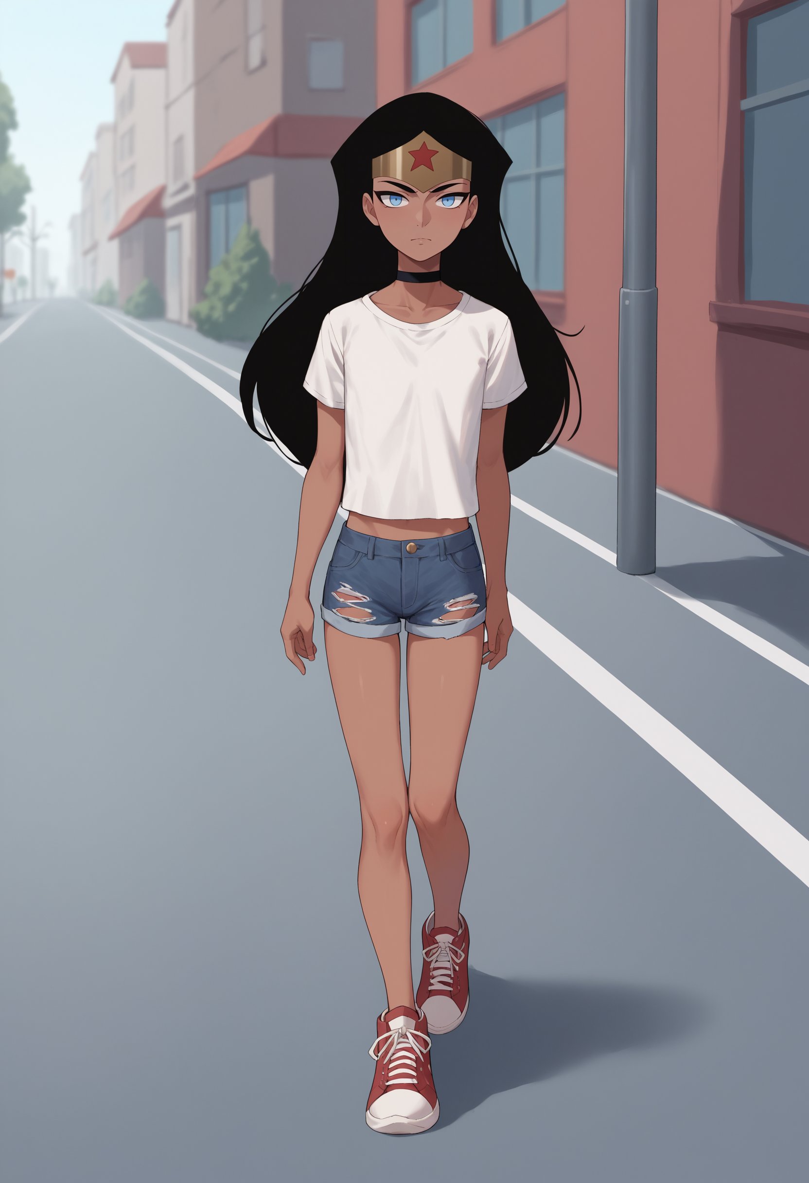 score_9, score_8_up, score_7_up, score_6_up, score_5_up, score_4_up, BREAK, source_anime,1girl, wonderwoman walking in the street, black hair, long hair, blue eyes, dark skin, flat chest,chocker, white shirt, denim shorts, sneakers,solo, full body, looking at viewer, street background   <lora:WonderWomanKidsXL:1>