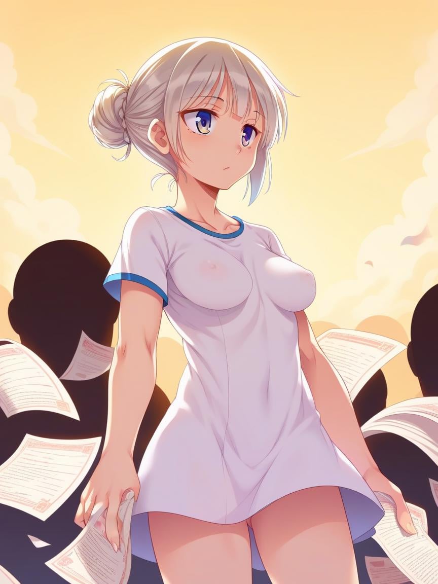 Flat papercut style score_9, score_8_up, score_7_up, best quality, masterpiece, 4k, uncensored, perfect lighting, rating_explicit, very aesthetic, anime BREAK1girl with (breast breasts),platinum blonde hair Side Bun,asphalt gray (short sleeve dress),medium breasts,geo_(yukishitadou),simple background, . Silhouette, clean cuts, paper, sharp edges, minimalist, color block trending on artstation, hyperrealism, matte <lora:breasts++-PD-breast_bags-1.0:1.2>