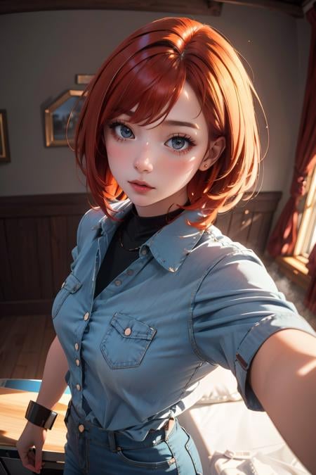 masterpiece, best quality,Ray tracing, hdr, volumetric lighting,1girl, red hair,   <lora:Selfie_FefaAIart:1>, selfie, <lora:From_Below_FefaAIart:0.8>, from below, low angle shot,