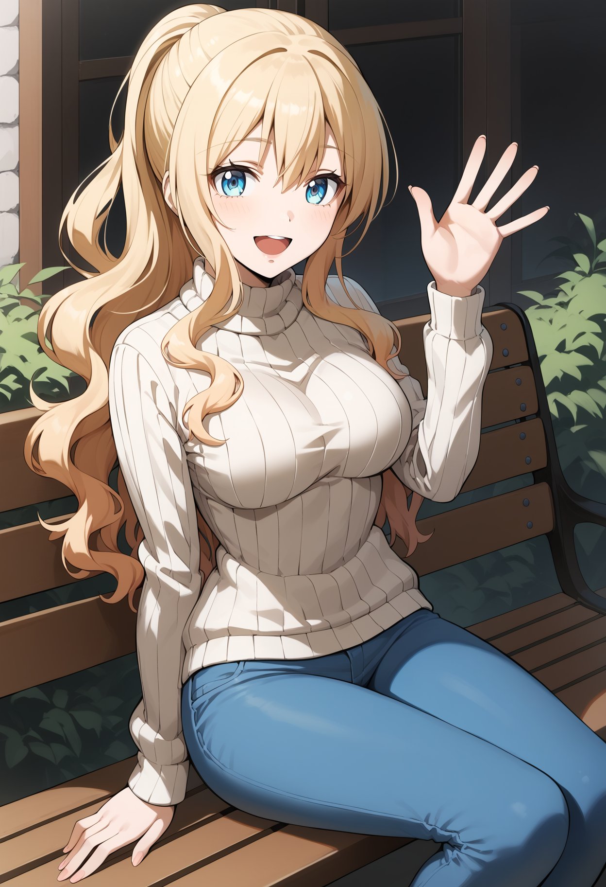 score_9, score_8_up, score_7_up, score_6_up, score_5_up, score_4_up, source_anime, aairina, long hair, ponytail, wavy hair, blue eyes, breasts, ribbed sweater, brown sweater, jean, pants, <lora:irina_jelavic_ponyxl_v1:0.9>, sitting, waving, smile, open mouth, bench