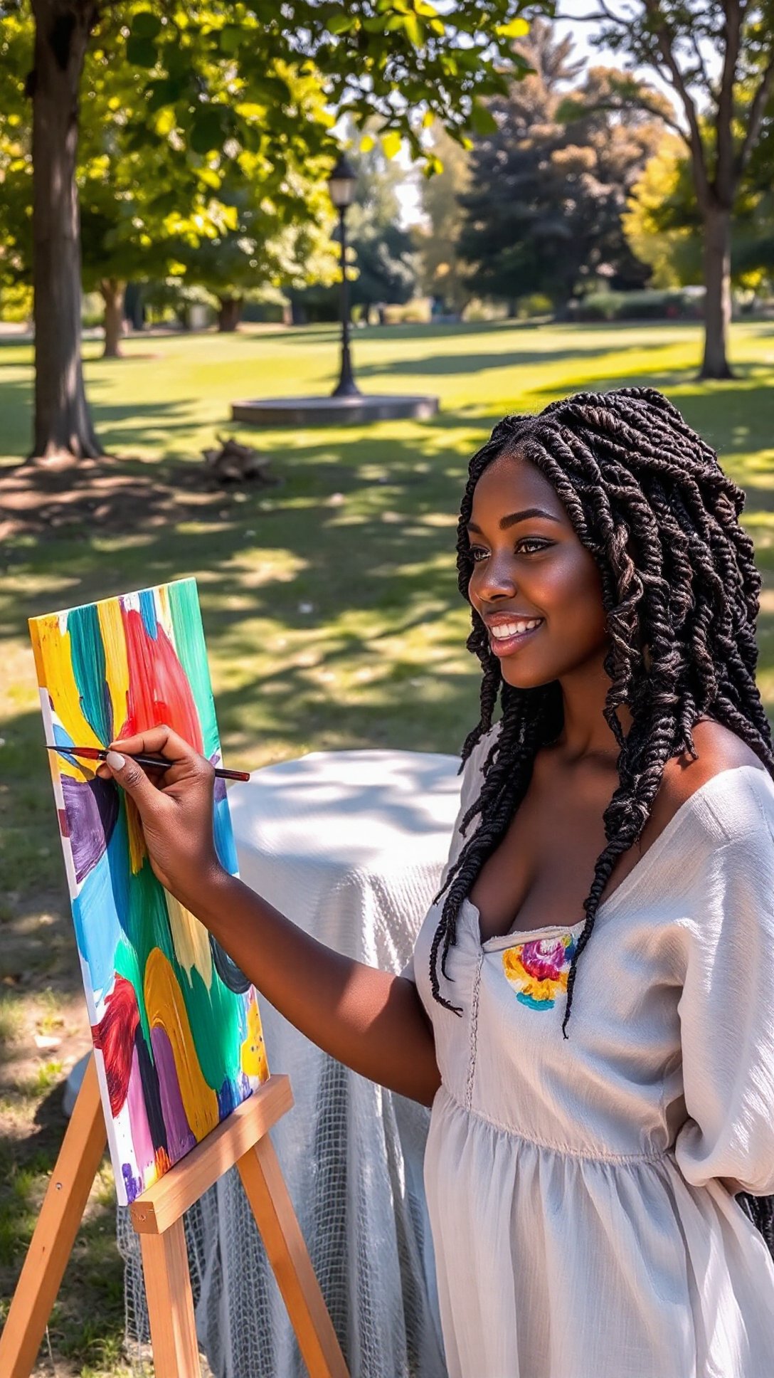 A beautiful black-skinned woman with intricate braided hair smiling joyfully while painting on a colorful canvas in a sunlit park, vibrant colors blending seamlessly in an acrylic painting, soft shadows cast by the trees <lora:Ebony_Beauties:1>