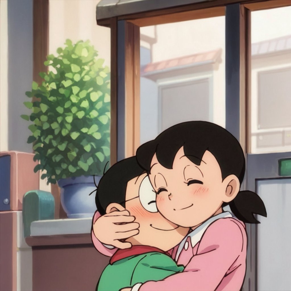 score_9, score_8_up, score_7_up, score_6_up, score_5_up, score_4_up, source_anime, (nobi nobita), (couple, hetero, 2person), 1girl, 1boy, hug, smile, blush, closed eyes, minamoto shizuka, low twintails, masterpiece, best quality, upper body,<lora:minamoto shizuka and nobita pony:0.8>