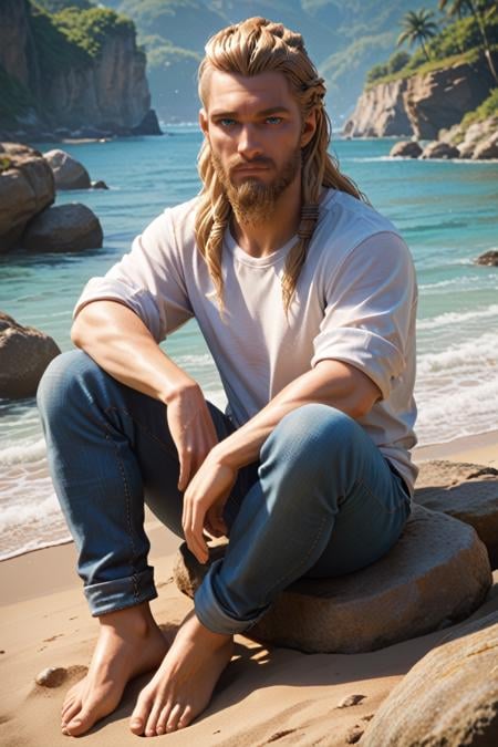 score_9, score_8_up, score_7_up, score_6_up<lora:ACMEivor:1.0>ACMEivor, 1boy, blonde hair, long hair, blue eyes, beard, looking at viewer, male model in a white t-shirt, sitting on a beachside rock, jeans rolled up, barefoot, gazing at the horizon, soft sunlight, serene expression