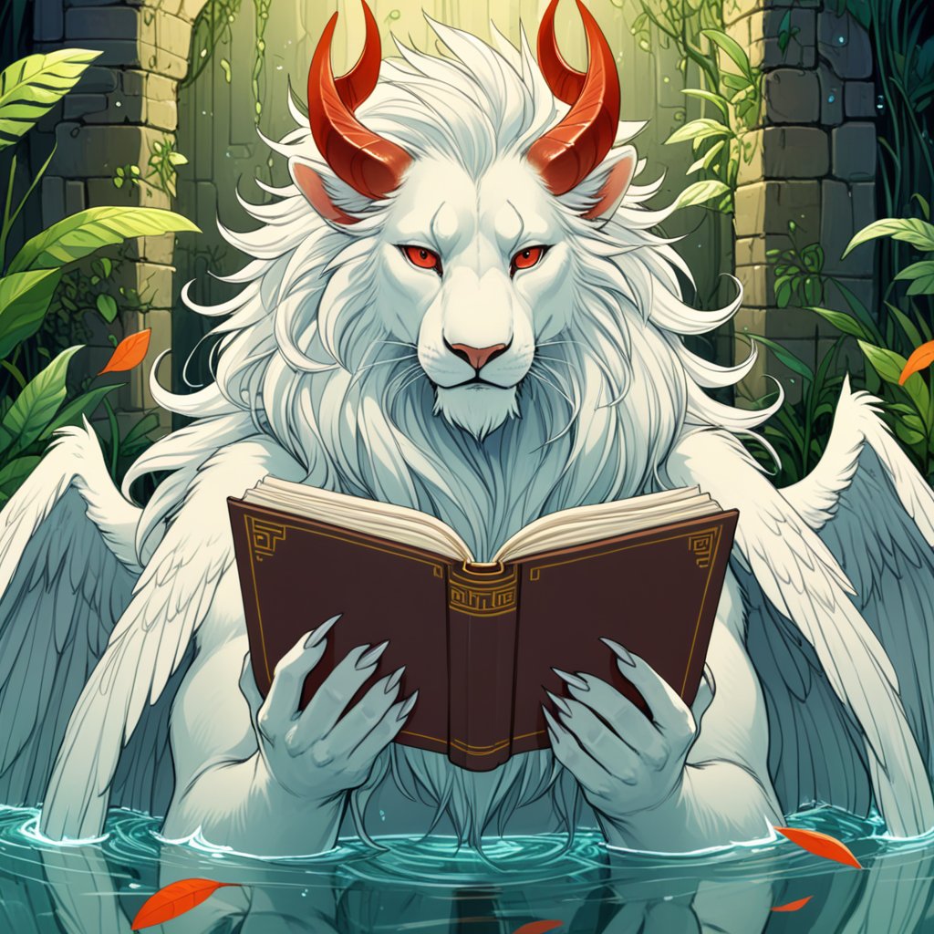 (by Saintcocoa, by Victo Ngai, by Kikurage), (white lion), (horizontal pupils, multi eye, multi horns, multi wings), red eyes, mane, feathered wings, claws, on front, looking at viewer, half-length portrait, plant, maze, dungeon, water, holding book