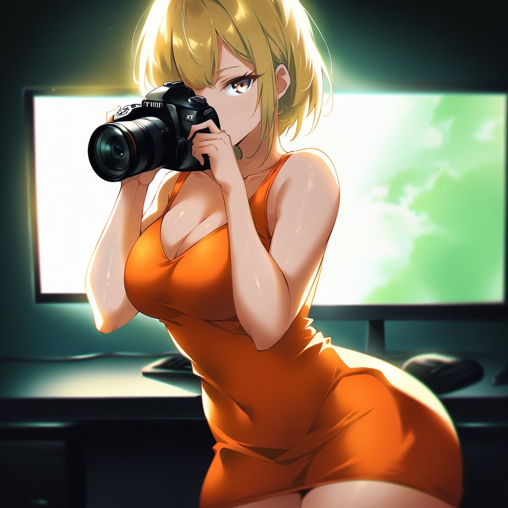 computer graphics, best quality, fmuc, 1girl, solo, looking at viewer, cowboy shot, <lora:MuchinXL32V1.1tx1-000014:1> in orange tight dress, blonde hair, Combat color, dramatic light, RAW photo, (high detailed skin:1.2), 8k uhd, dslr, soft lighting, high quality, film grain, Fujifilm XT3