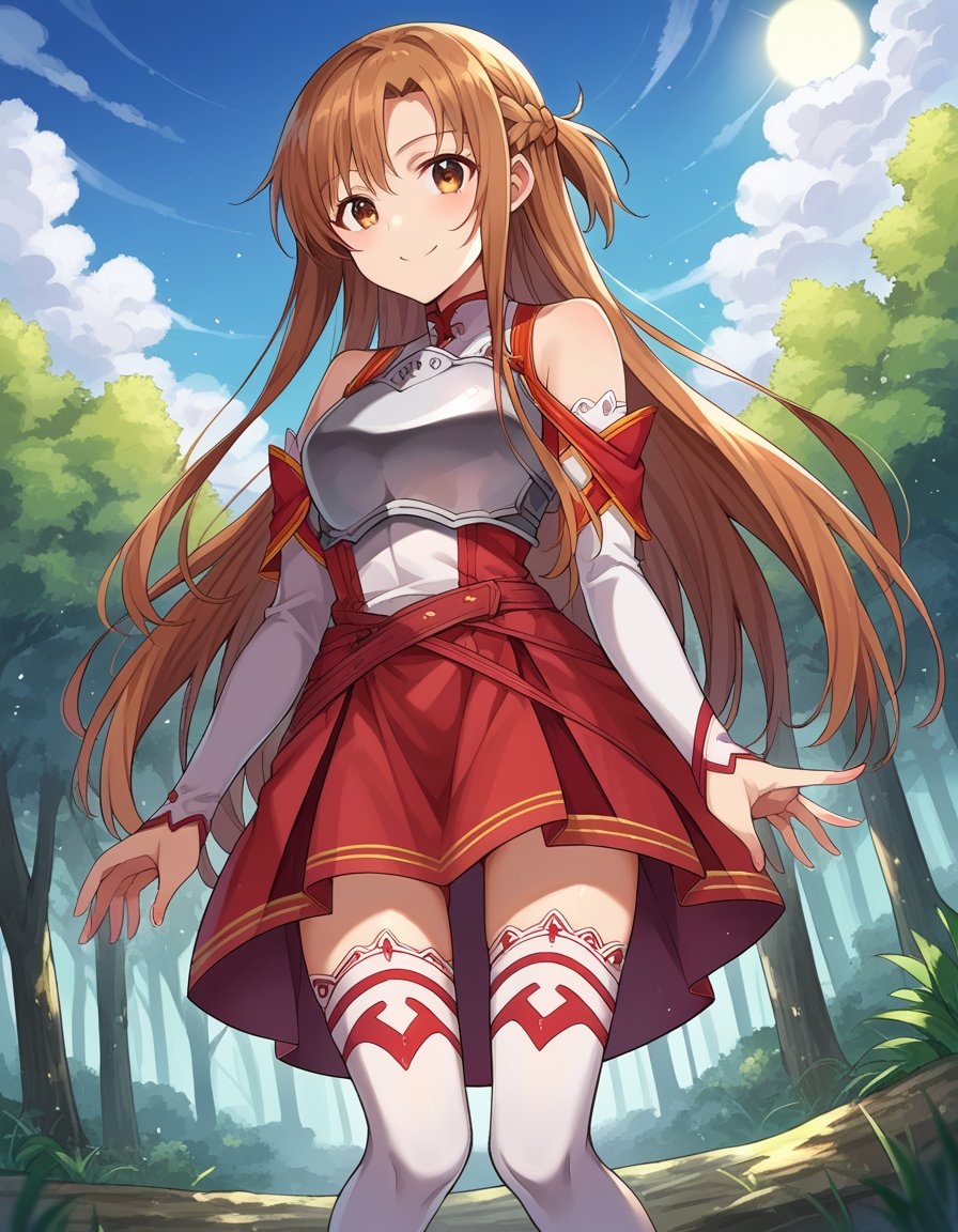 score_9, score_8_up, score_7_up, source_anime, asunayuuki, <lora:asuna-yuuki-ponyxl-lora-nochekaiser:1>, asuna yuuki, long hair, brown hair, brown eyes, braids, smile, skirt, thighhighs, bare shoulders, detached sleeves, armor, white thighhighs, breastplate, red skirt, outdoors, forest, nature, sky, sun, clouds, looking at viewer, cowboy shot, dutch angle, dynamic pose,