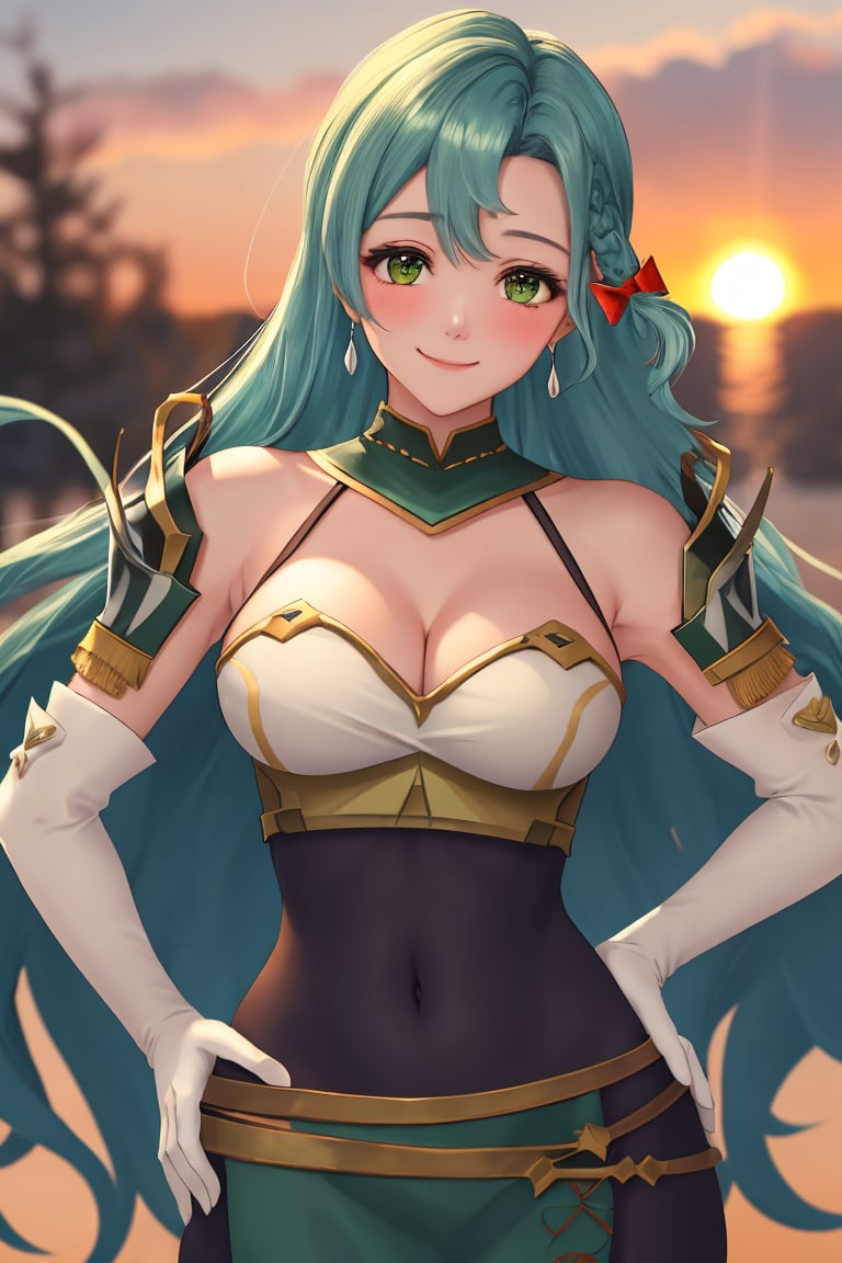 masterpiece, best quality, chloe fe, looking at viewer, blush, smile, large breasts, bow, bare shoulders, very long hair, closed mouth, upper body, braid, hair bow, detached sleeves, green hair, white gloves, armor, hand on hip, covered navel, shoulder armor, sunset, HDR, bokeh, volumetric lighting, <lora:Chloe_FE-10:0.9>