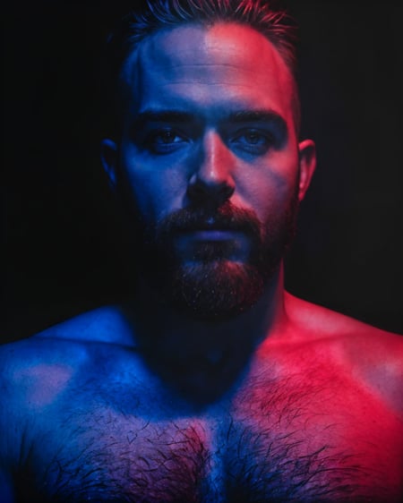 <lora:Studio_lighting:1> Studio lighting, low saturation, (red and blue lighting), grey background, realistic Photo of a man, close up portrait, dark, nude, hairy chest, windows, close up portrait, high detail, realistic, high detail, 8k, (Masterpiece, high quality:1.3), masterpiece, depth of field, bokeh, detailed, homoerotic, (homoerotic), highly detailed, sharp focus, intricate, smooth, elegant, fantasy, masterpiece, matte, photorealistic, 4k, beautiful,