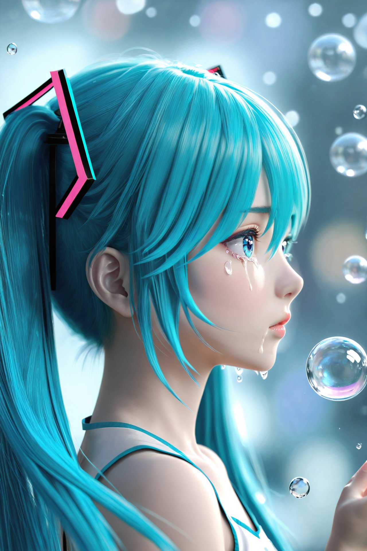 (masterpiece),(best quality),illustration,ultra detailed,hdr,Depth of field,(colorful),realistic,loli,1girl,solo,hatsune miku,long hair,twintails,tears,from side,profile,crying,bare shoulders,aqua eyes,bubble,portrait,blue hair,hair ornament,crying with eyes open,blurry,blue eyes,aqua hair,hair between eyes,water drop,closed mouth,sleeveless,upper body,