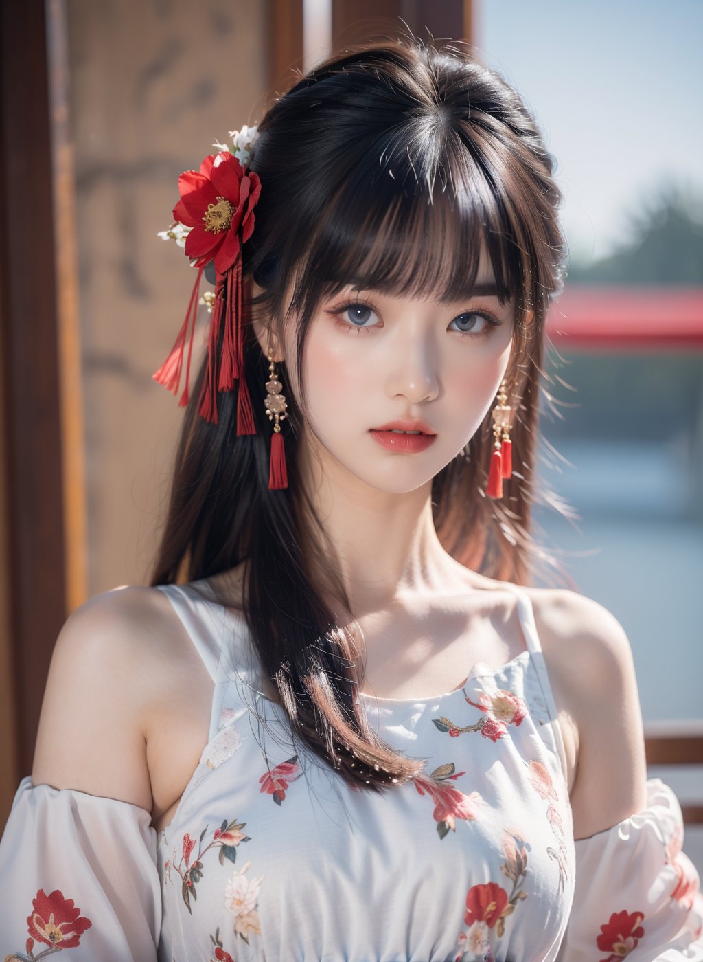 girl, solo, flower, long hair, black hair, hair ornament, hair flower, blue eyes, floral print, chinese clothes, looking at viewer, detached sleeves, upper body, white flower, parted lips, dress, pink flower, china dress, bare shoulders, blush, red flower, eyelashes, white dress, lips, sleeveless, parted bangs,  <lora:胶片风国潮古风美:1>