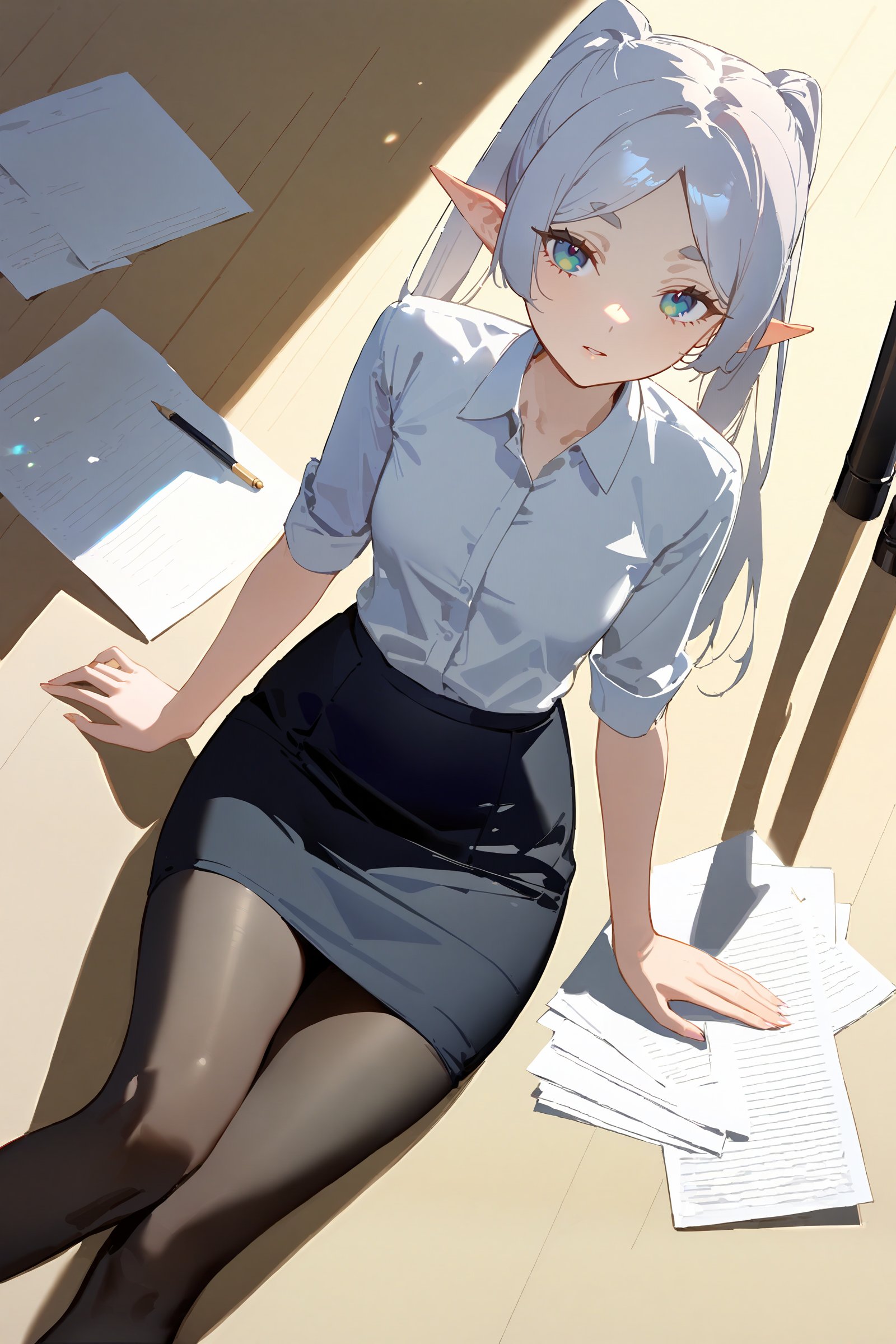 masterpiece, best quality, very aesthetic, ray tracing, newest, (hitenkei, askzy:0.4),1girl, frieren, twintails, office lady, collared shirt, pencil skirt, pantyhose, high heels, looking at viewer, reclining, yokozuwari, floor, paper, from above <lora:quality1:0:hr=2>,  <lora:Char-Frieren-XL-V1:0.9>