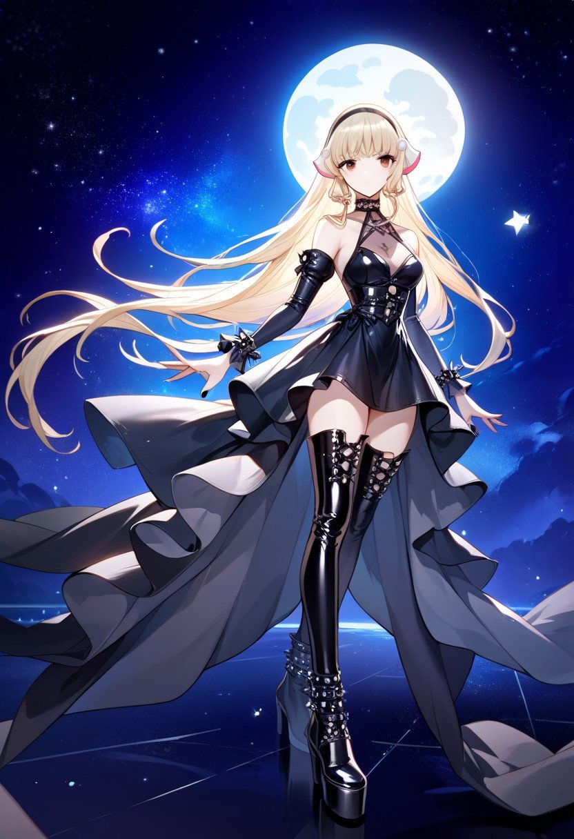 score_9,score_8_up,score_7_up,source_anime, Chii (Chobits),1girl,solo,dress,thighhighs,bare shoulders,hairband,boots,detached sleeves,black footwear,star \(symbol\),black dress,thigh boots,moon,latex fashion,gothic,crescent moon,goth fashion